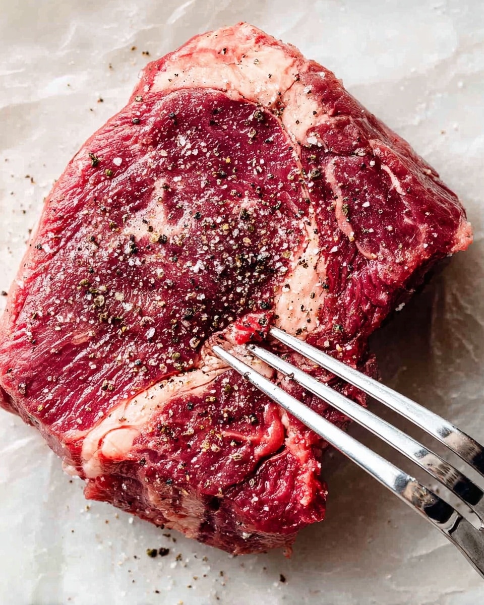 A thick, raw piece of steak with three visible layers lies on a white marbled surface. The top layer is a deep red with white marbling of fat, the middle layer shows a mix of red meat and white fat, and the bottom layer exposes a bright red, fresh cut. The steak is generously coated with coarse black pepper and salt. A shiny metal fork with two prongs pierces the meat on the right side, lifting a small section slightly. The overall texture of the steak looks fresh and moist, with some areas of white fat creating contrast. Photo taken with an iphone --ar 4:5 --v 7