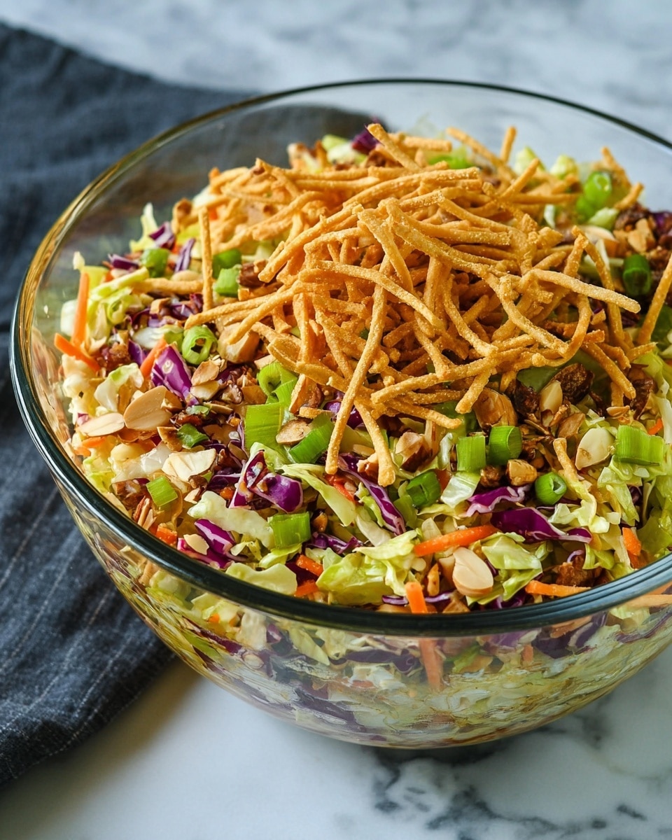A clear glass bowl filled with a colorful salad sits on a white marbled surface. The bottom layer is made of shredded green and purple cabbage, along with thin orange carrot strips mixed in. On top of this, there are yellow crunchy noodle sticks spread evenly, adding a textured layer. Scattered over the noodles are small pieces of green spring onions and white sesame seeds, giving a fresh contrast. The whole salad looks fresh and vibrant with different colors and layers, showing a mix of soft and crunchy textures. photo taken with an iphone --ar 4:5 --v 7