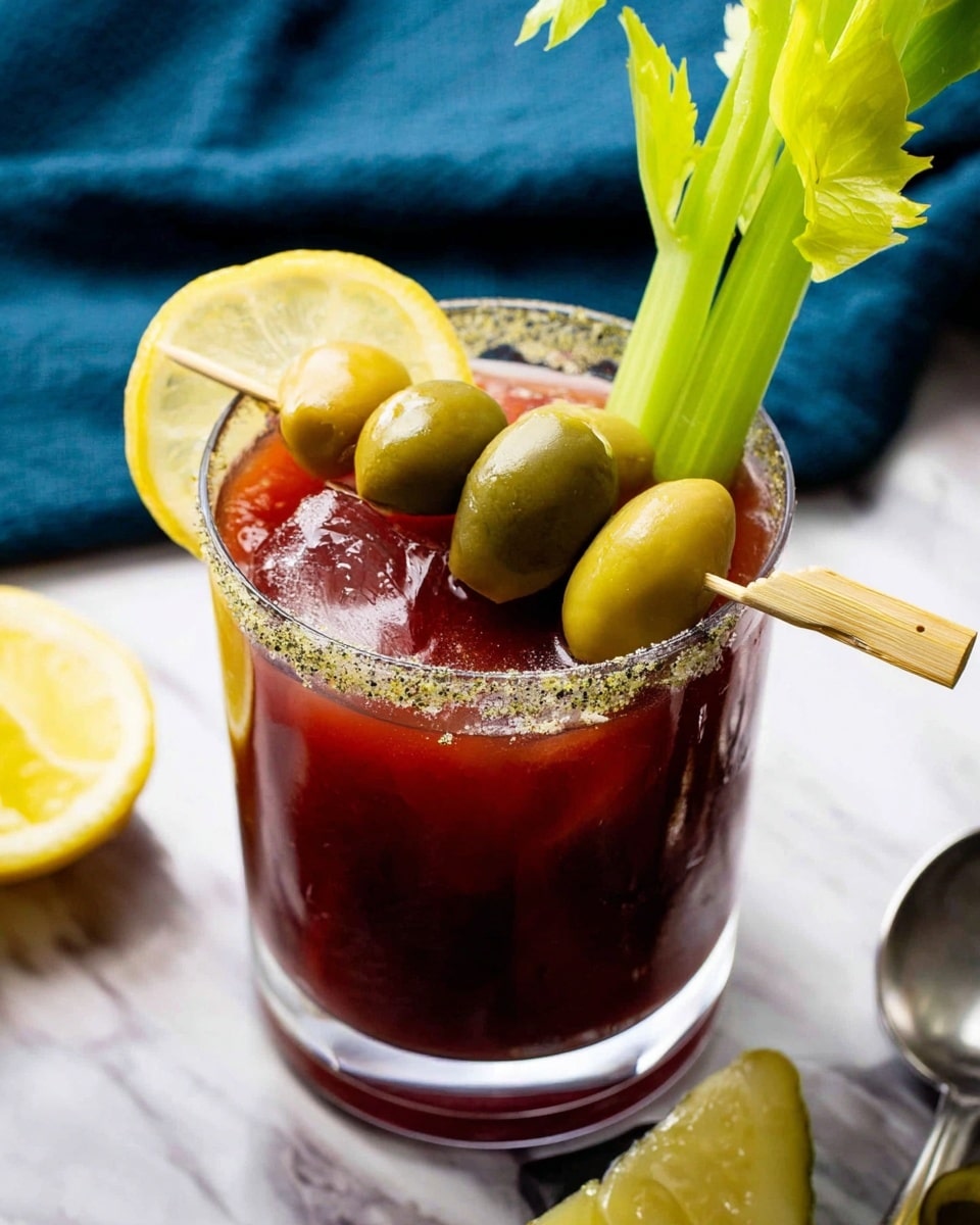 A clear glass filled with a dark red liquid, with a salted rim and ice inside, topped with a lemon slice on the left edge of the glass. Three green olives, a small green pickle, and a stalk of bright green celery are skewered on a wooden stick resting on top of the glass. The background is a white marbled surface with some blue cloth and a spoon nearby. Photo taken with an iphone --ar 4:5 --v 7
