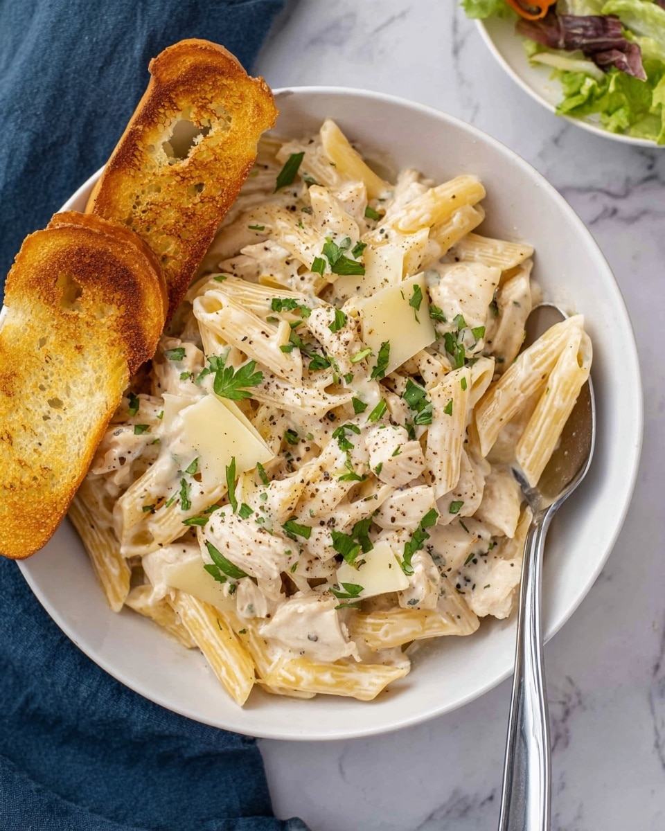 A white bowl filled with creamy white pasta made from penne, mixed with small pieces of light beige cooked chicken and covered in a thick white sauce. The dish is topped with green parsley leaves and thin light yellow cheese slices, sprinkled with black pepper. On the left side inside the bowl, two slices of toasted golden brown bread rest against the pasta. A silver spoon is placed on the right side inside the bowl, partially submerged in the pasta. The bowl is set on a white marbled surface with a dark blue cloth in the background. photo taken with an iphone --ar 4:5 --v 7