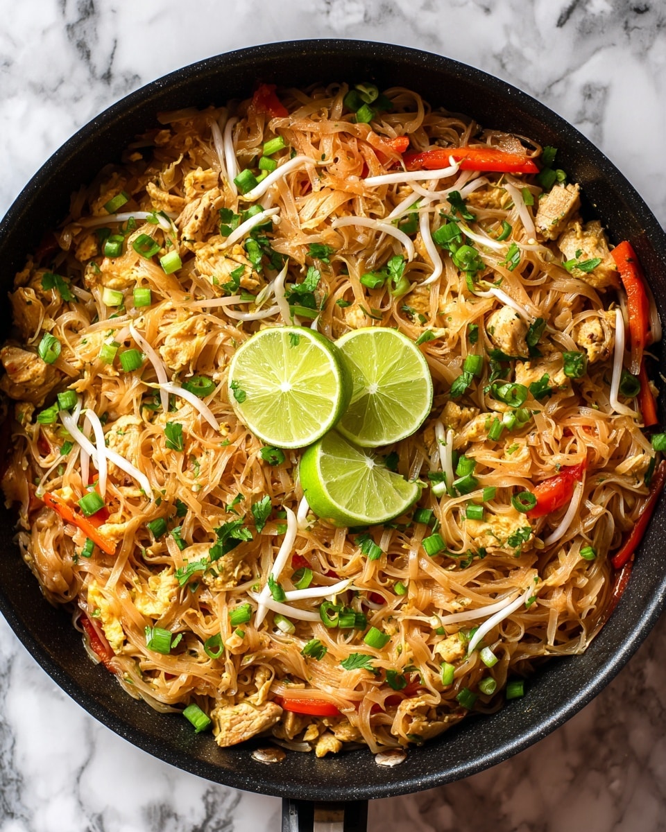 The image shows a close-up of a black pan filled with three visible layers of noodles mixed with chopped cooked chicken pieces and scrambled eggs as the bottom layer, thin orange carrot strips and red bell pepper strips scattered throughout the middle layer, and long white bean sprouts spread on top along with fresh green chopped herbs and green onion pieces. In the center, three bright green lime wedges sit on top, providing a fresh and colorful contrast. The pan sits on a white marbled surface. photo taken with an iphone --ar 4:5 --v 7