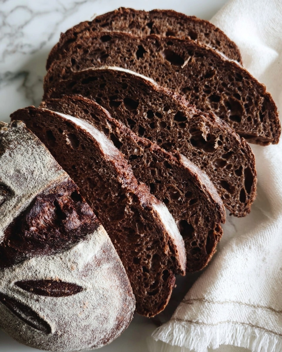 The image shows five slices of dark brown bread with a rough texture and many small holes, arranged in a slightly overlapping row on a white marbled surface. The outer crust is thick and darker with some white flour patterns, especially noticeable on the bottom left slice, which has a leaf-like design. To the right of the bread slices, a white cloth with frayed edges is partially visible. The lighting highlights the rustic and uneven surface of the bread, giving it a crunchy and hearty look photo taken with an iphone --ar 4:5 --v 7