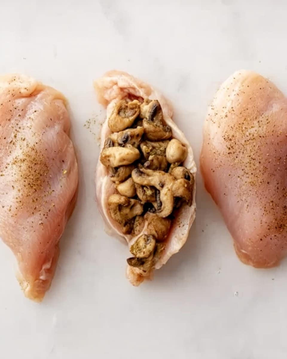The image shows three raw chicken pieces on a white marbled surface. The middle chicken piece is open in the center and filled with a heap of cooked mushrooms that are light brown and soft in texture. The two chicken pieces on each side are plain, very light pink with a bit of seasoning on top, showing a smooth and fresh surface. The photo taken with an iphone --ar 4:5 --v 7