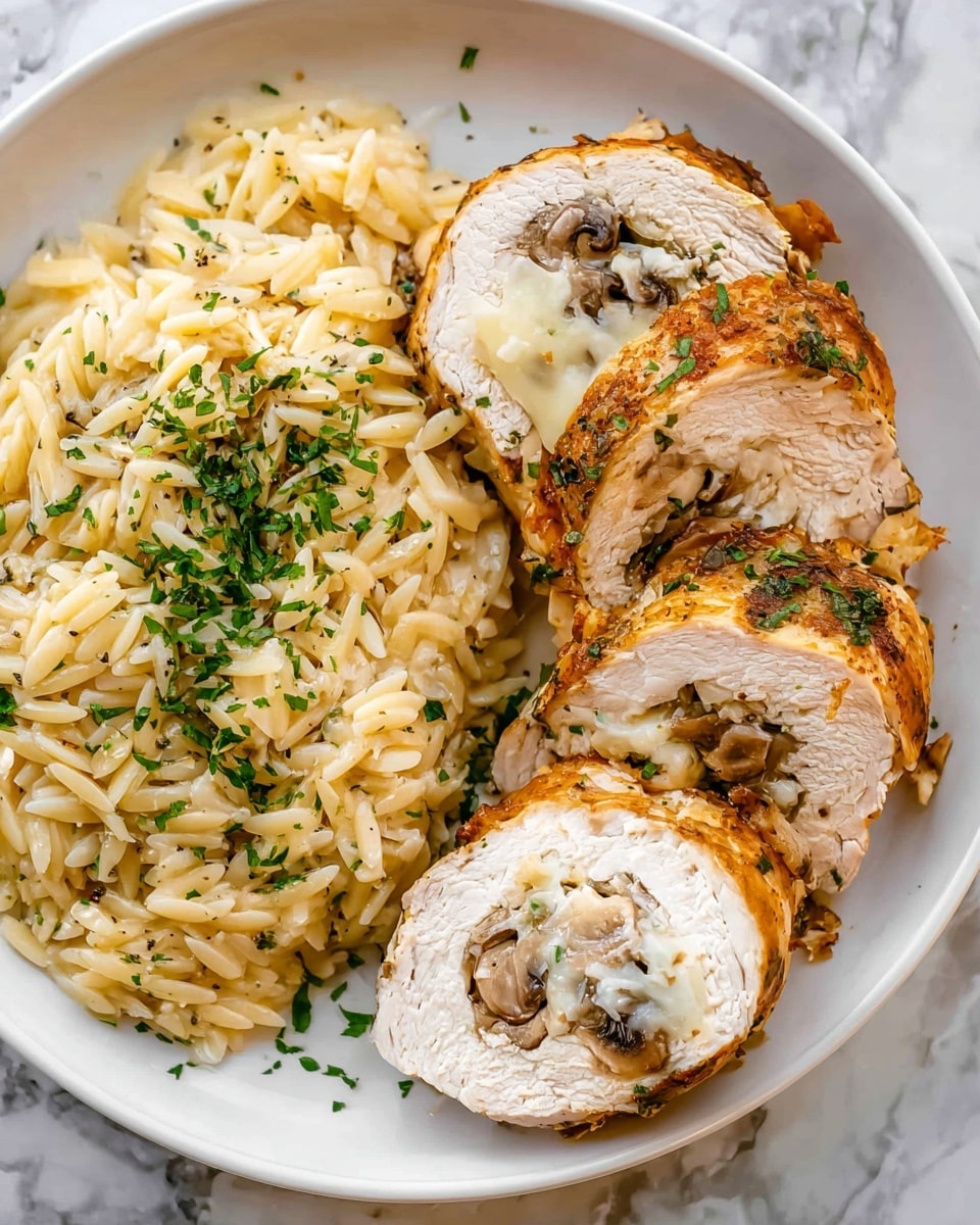 The image shows a white plate filled with two main parts: on the left, there is a creamy orzo pasta dish that is light yellow, mixed with small bits of green herbs and black pepper, giving it a soft and textured look; on the right, there are three thick slices of stuffed chicken roll, with the outer layer golden brown and crispy, and the inside white with a stuffing made of sliced mushrooms and melted cheese visible in the center; some chopped green herbs are sprinkled over the chicken and pasta for garnish, and the whole plate is placed on a white marbled surface. Photo taken with an iphone --ar 4:5 --v 7