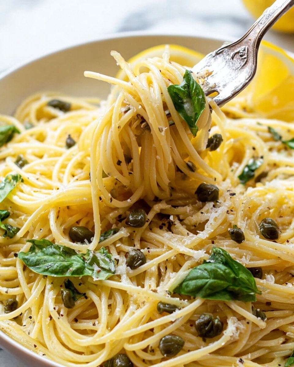 A close-up view shows a white bowl filled with light yellow spaghetti pasta, mixed with small dark green capers and fresh bright green basil leaves scattered on top. Thin strands of pasta are being lifted with a fork, twirling smoothly above the bowl. The pasta looks lightly coated with a shiny sauce. Small bits of white cheese and tiny specks of black pepper are sprinkled evenly over the dish. A lemon wedge is visible in the background, adding a pop of yellow color. The whole scene rests on a white marbled surface. Photo taken with an iphone --ar 4:5 --v 7