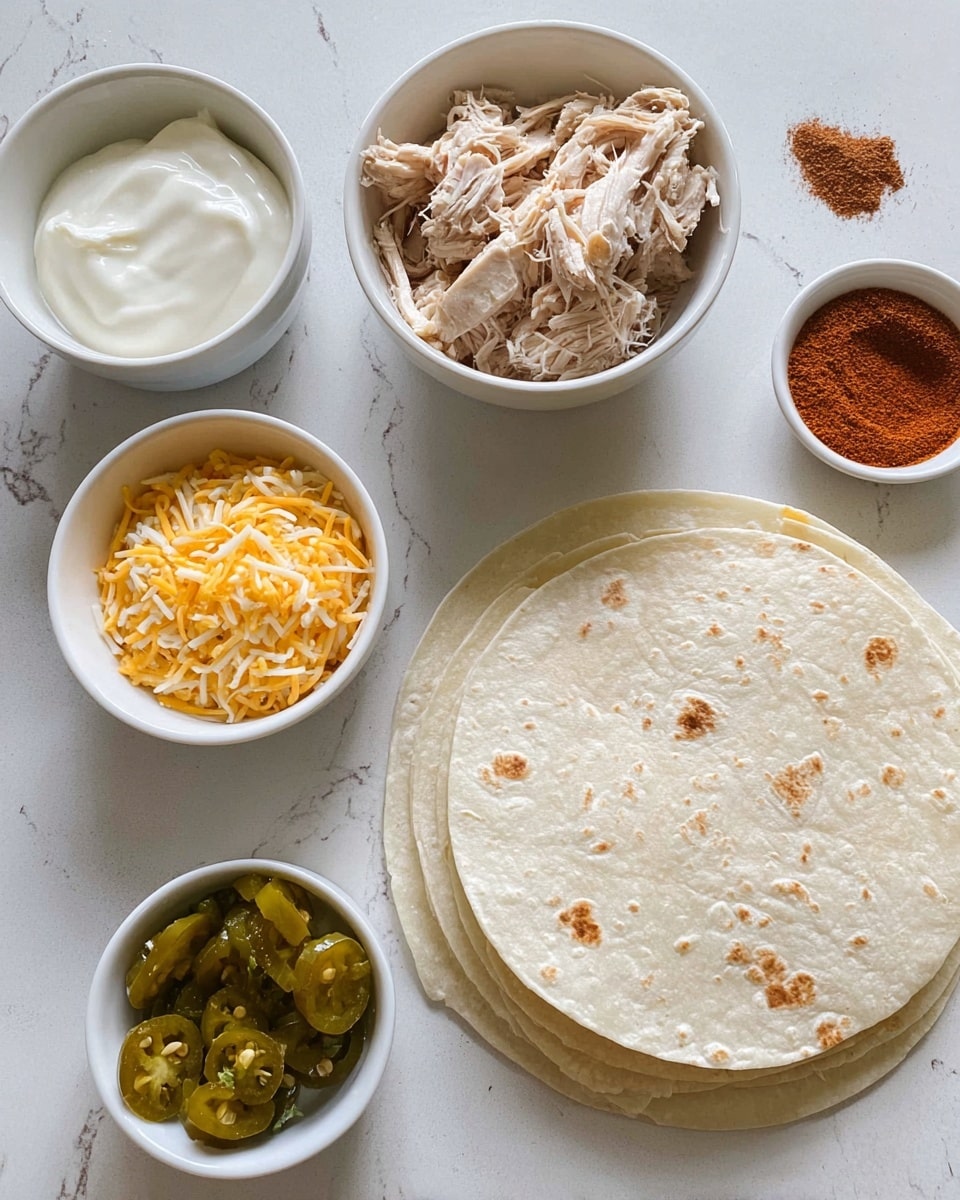 The image shows ingredients arranged on a white marbled surface for making a wrap or taco. There is a stack of two soft, round tortillas, light beige with small brown spots, placed near the center right. Around them are five small white bowls: one contains shredded cooked chicken with a light tan color; another holds shredded cheddar cheese with a mix of yellow and orange shades; a third bowl has a thick white sour cream with a smooth texture and a small peak in the center; another contains chopped green pickled peppers with seeds visible; and the last one holds a brownish-red powdery spice. Photo taken with an iphone --ar 4:5 --v 7