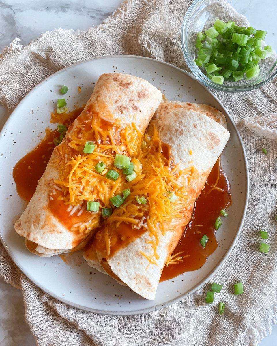 Two folded tortillas are placed side by side on a white plate, both lightly browned with a soft, slightly bumpy texture. Each tortilla is topped with a layer of orange-red sauce that pools slightly around their base, followed by a generous sprinkle of shredded orange cheddar cheese that melts partly into the sauce. Small pieces of bright green chopped scallions are scattered over the cheese and sauce layers, adding a fresh touch of color. In the upper right corner, a small clear glass bowl contains extra chopped scallions. The entire scene sits on a crinkled light beige cloth over a white marbled surface. photo taken with an iphone --ar 4:5 --v 7