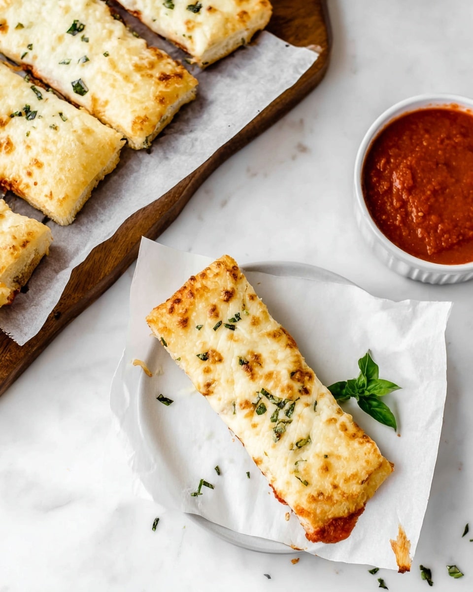 The image shows a white round plate on a white marbled surface with a single rectangular slice of cheesy bread that has a golden, slightly browned top layer of melted cheese scattered with small green herb pieces. The bread slice has a crisp edge and the cheese layer appears thick and creamy. Some red marinara sauce is spread on one side of the bread slice. Nearby, there is a larger wooden board lined with parchment paper holding several more rectangular slices of the same cheesy bread. A white round ramekin filled with red marinara sauce garnished with a green herb leaf is also visible on the right side of the image. The scene is bright and clean, focusing on the texture and color contrast between the golden cheese, red sauce, and green herbs. Photo taken with an iphone --ar 4:5 --v 7