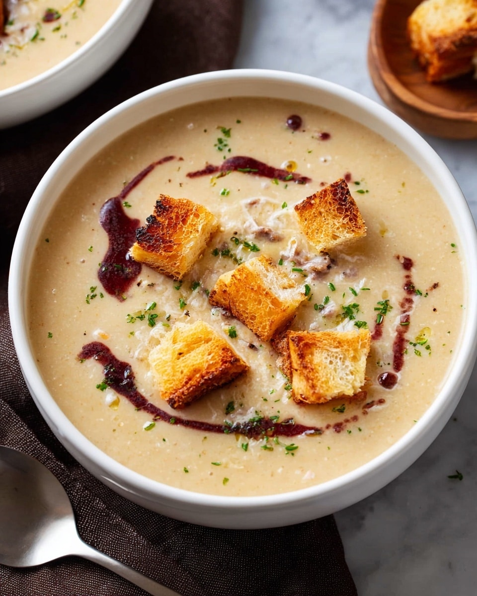 A creamy light beige soup fills a mid-sized white bowl, showing small chunks inside the thick liquid. On top, there are four golden brown toasted bread cubes scattered evenly in the center, some with a slight charred texture. Swirled in between the bread cubes is a dark reddish sauce in a loose circular pattern. Tiny green herbs are sprinkled lightly over the soup's surface, adding hints of color contrast. The bowl is placed on a white marbled surface with a folded dark brown cloth nearby and a spoon positioned at the side. Photo taken with an iphone --ar 4:5 --v 7