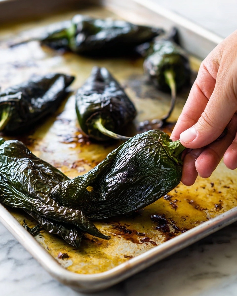 A close-up of several roasted poblano peppers with wrinkled, dark green and black charred skin lying on a metal baking tray; in the foreground, a woman's hand is peeling back the skin of one pepper, revealing a smoother, lighter green layer underneath with a shiny texture; the tray shows small burnt spots and caramelized juices around the peppers, all placed on a white marbled surface. photo taken with an iphone --ar 4:5 --v 7