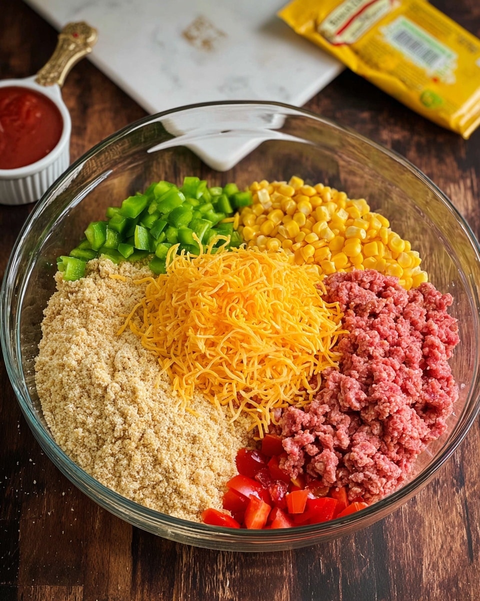 A clear glass bowl holds seven distinct layers arranged side by side. Starting from the right, there is raw ground meat with a pinkish-red color and stringy texture. Next to it, a pile of yellow kernels of corn with a slightly shiny surface. Above the corn, there is a mound of shredded orange cheese with a soft, curly texture. To the left of the cheese, bright green chopped bell peppers add a fresh, crisp look. Below the peppers, small diced red tomatoes bring a juicy, vibrant splash of color. Covering the bottom and center of the bowl are two layers of crushed beige crackers or chips, one layer finer and the other coarser, both crumbly and dry in texture. The bowl sits on a dark wooden table with a yellow seasoning packet and a white ramekin of red sauce nearby, all on a white marbled surface. photo taken with an iphone --ar 4:5 --v 7