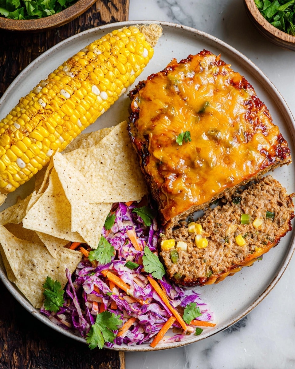 On a white plate set on a white marbled surface, there are two thick slices of meatloaf topped with a shiny layer of melted orange cheese, showing bits of corn and green vegetables inside the meatloaf mix. To the left, half an ear of grilled yellow corn with light char marks sits next to a small pile of light beige tortilla chips. Below the corn and chips, there is a vibrant slaw made of thin strips of purple and white cabbage, some orange carrot shreds, and green cilantro leaves scattered on top. The overall colors are warm and fresh, with the meatloaf and cheese in front, the corn and chips behind it, and the colorful slaw at the bottom left. Photo taken with an iphone --ar 4:5 --v 7