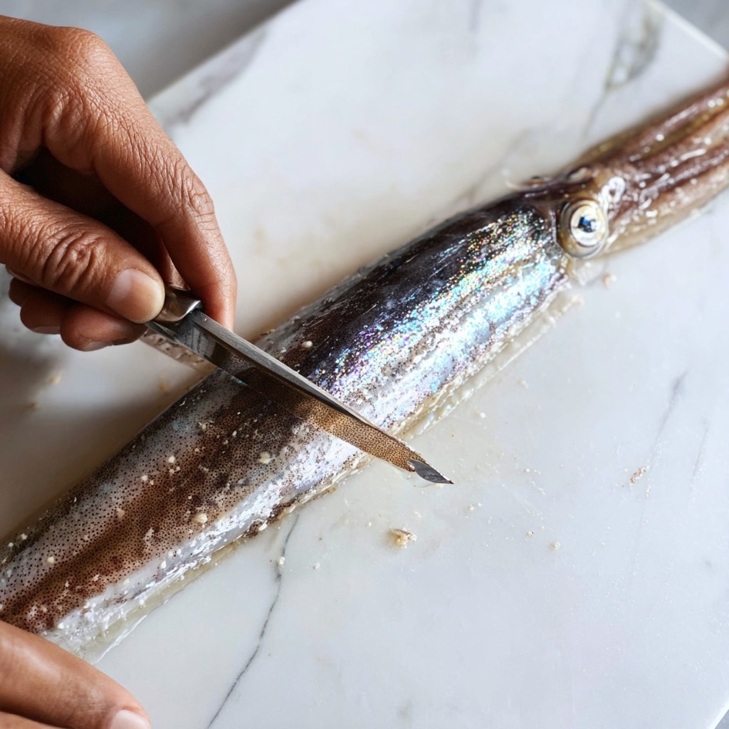 A close-up image showing a woman's hand holding a long, slim fish with a knife slicing across its midsection. The fish has a smooth silver and dark skin with a shiny finish. The background has a white marbled texture, and the cutting surface is white. Photo taken with an iphone --ar 4:5 --v 7