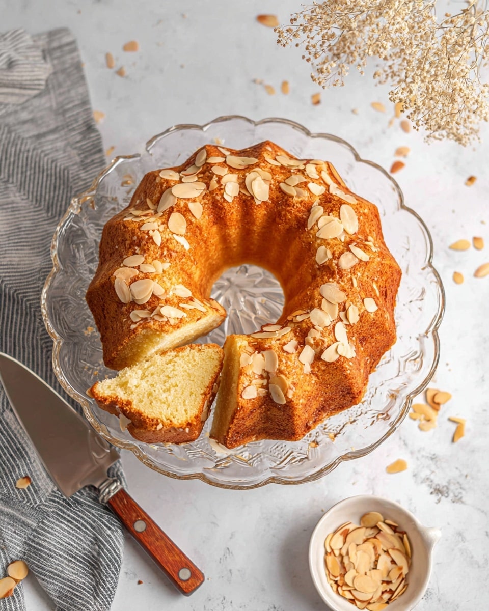 A round bundt cake with a golden brown, slightly crispy crust topped with scattered light brown almond slices covers the top surface. The cake sits on a clear glass plate with a scalloped edge on a white marbled texture background. Three slices are cut and slightly pulled out from the cake, showing a light yellow moist inside with a soft texture. Nearby, a small white bowl filled with more almond slices is visible along with a silver cake server with a wooden handle and a gray and white striped cloth. Delicate dried beige flowers add a soft decorative touch in the upper right corner. Photo taken with an iphone --ar 4:5 --v 7