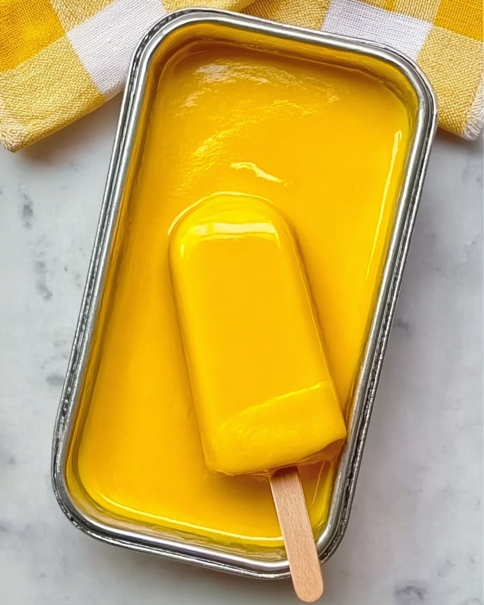 The image shows a rectangular metal tray filled with bright yellow smooth mango pulp, with a matching yellow popsicle resting inside the tray, partially submerged in the mango pulp. The tray sits on a white marbled surface, and a yellow and white checkered cloth is partially visible in the top left corner. The popsicle has a shiny, smooth texture, matching the thick, creamy look of the mango pulp. The overall look is clean, vibrant, and colorful. photo taken with an iphone --ar 4:5 --v 7