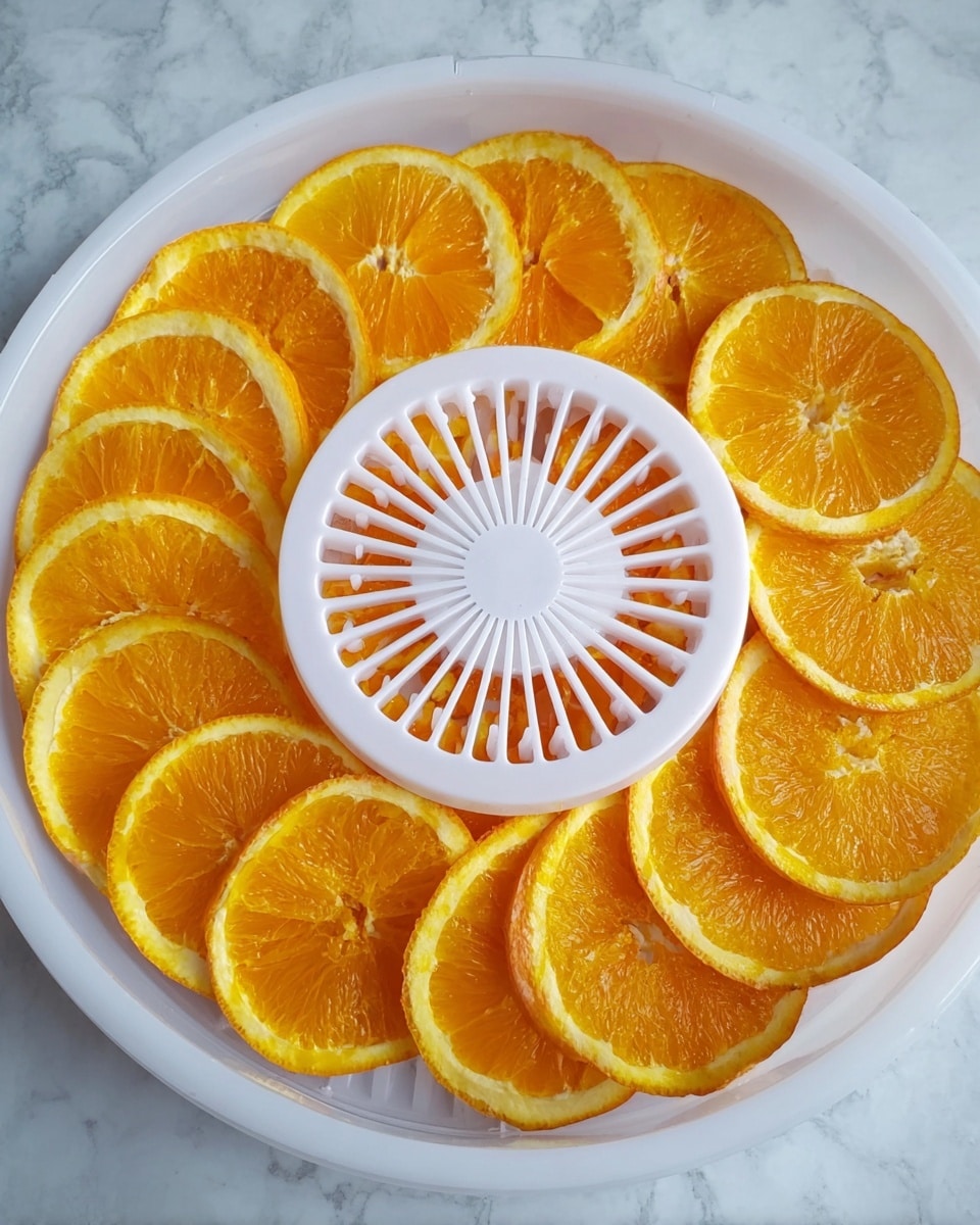 The image shows a white plastic round tray with a central raised section and open slats arranged in circular patterns. There are two layers of orange slices arranged on the tray. The first layer has a ring of thin, bright orange slices closest to the center, showing a juicy texture with visible segments and light skin around the edges. The second layer has a larger ring of evenly spaced thicker slices, placed near the tray’s outer edge, displaying a deeper orange color and detailed pulp. The tray sits on a white marbled surface. Photo taken with an iphone --ar 4:5 --v 7