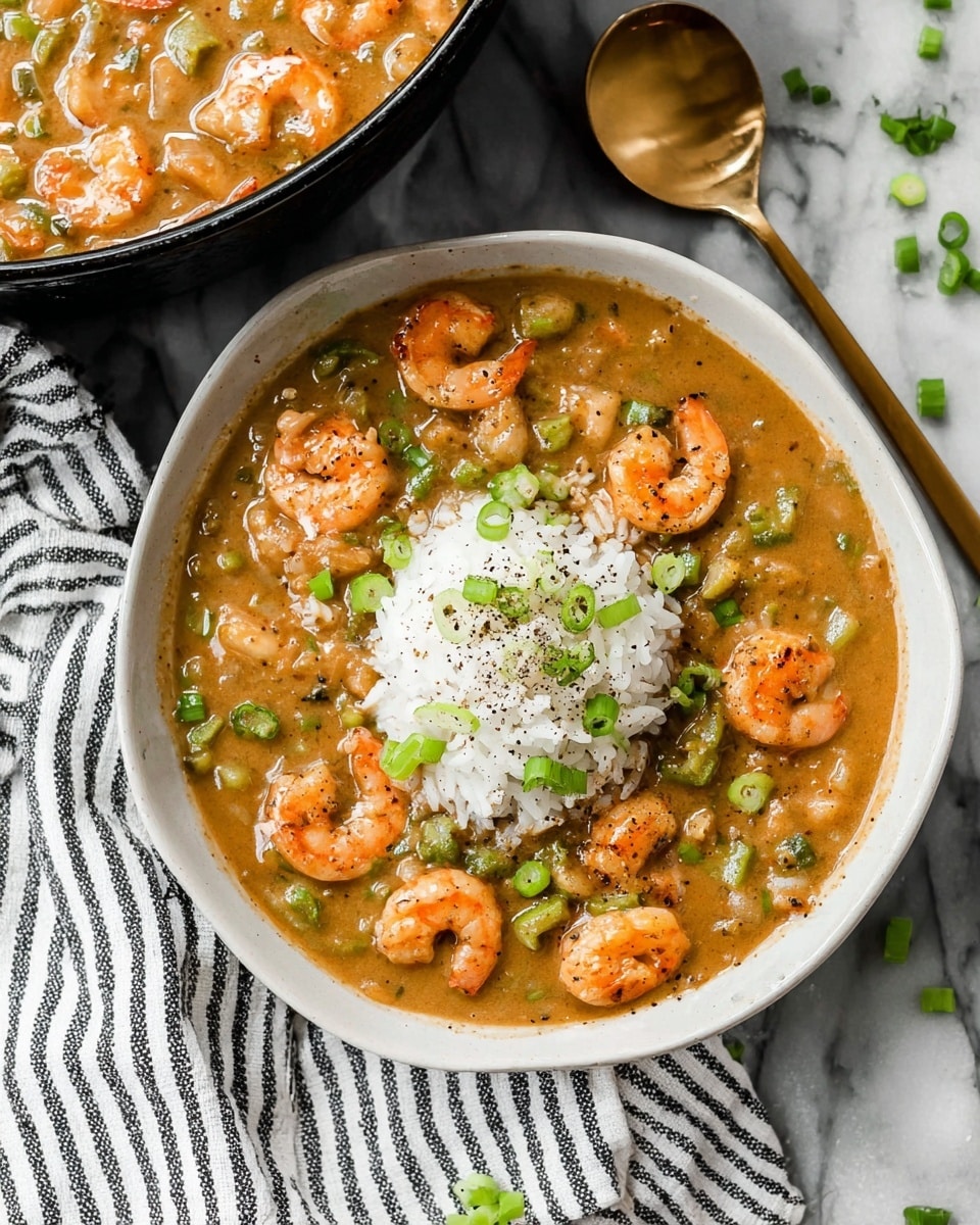 A white bowl holds a thick stew with a creamy brown sauce filled with small orange shrimp and green vegetable pieces, scattered with chopped light green onions and black pepper on top. In the center of the stew, there is a mound of white rice, garnished with more chopped green onions. The bowl sits on a white marbled surface with a striped cloth and a gold spoon nearby. Part of a black pot with more stew is seen in the top left corner. photo taken with an iphone --ar 4:5 --v 7