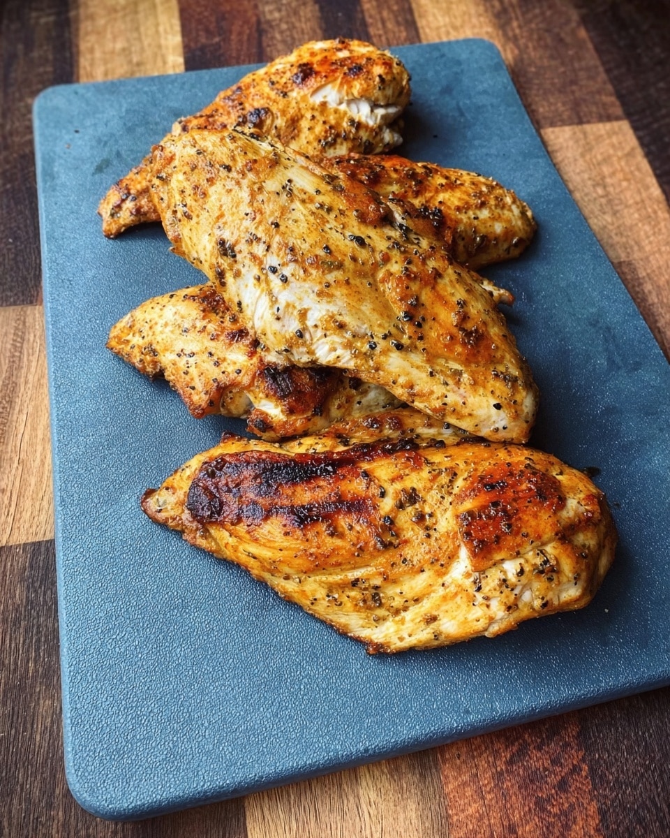 Four pieces of cooked chicken are arranged in a loose stack on a blue cutting board, each piece showing a golden brown color with specks of black pepper and some slight charring. The chicken looks tender with a slight shine from oil or juices. The cutting board is placed on a wooden surface with various shades of brown. photo taken with an iphone --ar 4:5 --v 7