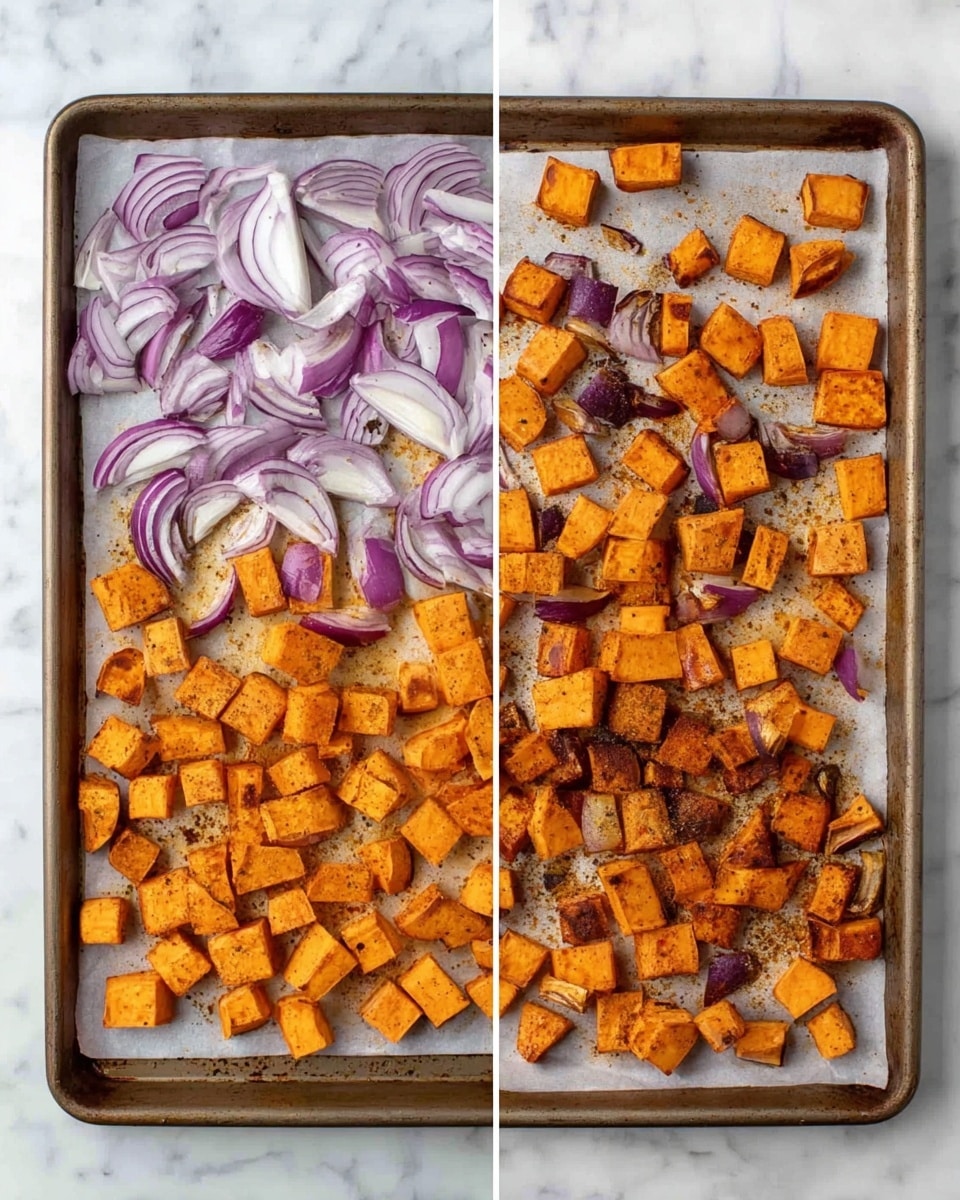 Two side-by-side images of a metal baking tray lined with parchment paper on a white marbled surface are shown. The left image displays a layer of cubed bright orange sweet potatoes, seasoned lightly with spices, covering the bottom half of the tray. Above the sweet potatoes, there is a layer of sliced purple and white onions arranged in a semi-random pattern. The right image shows the sweet potatoes after cooking, with their color deepened to a warm orange-brown and some pieces having charred edges, spread loosely on the same tray. photo taken with an iphone --ar 4:5 --v 7