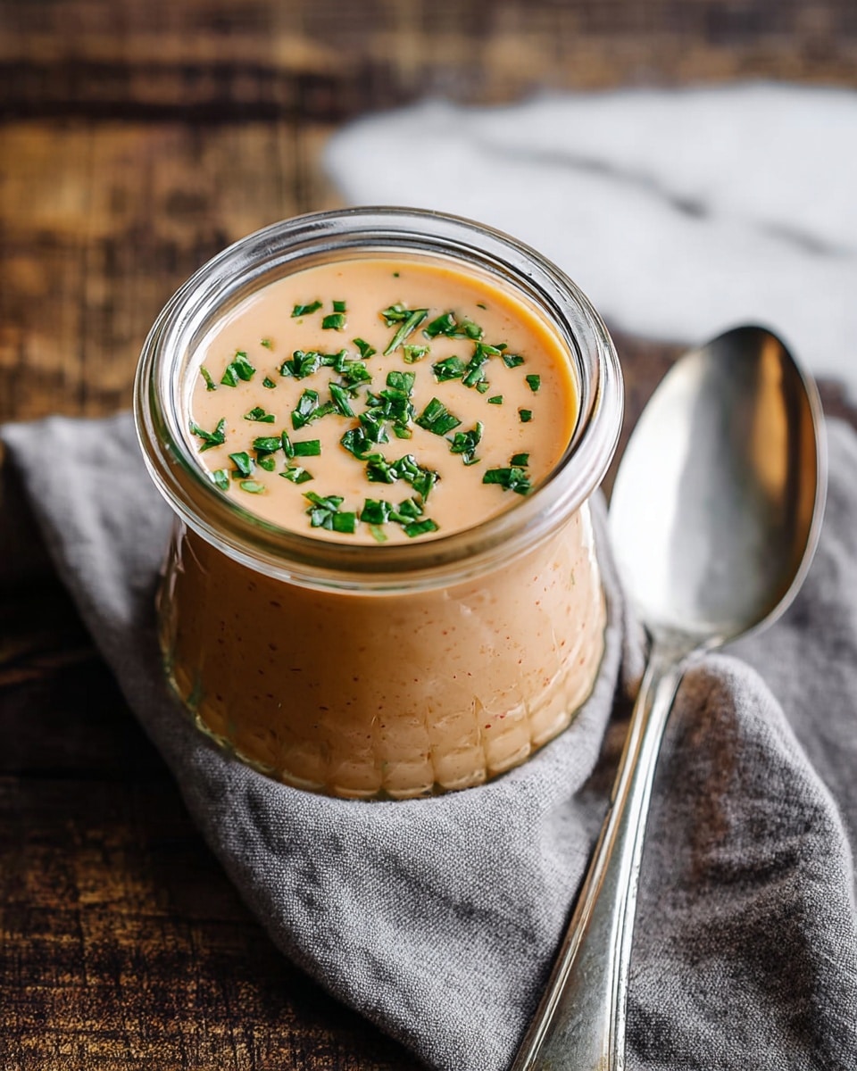 A small clear glass jar filled with a smooth, light tan sauce, topped with small pieces of bright green chopped herbs evenly spread on the surface. The jar sits on a dark wooden surface with a soft, pale grey cloth loosely gathered beside it. A shiny silver spoon rests on the right side of the jar. The background has a white marbled texture. photo taken with an iphone --ar 4:5 --v 7