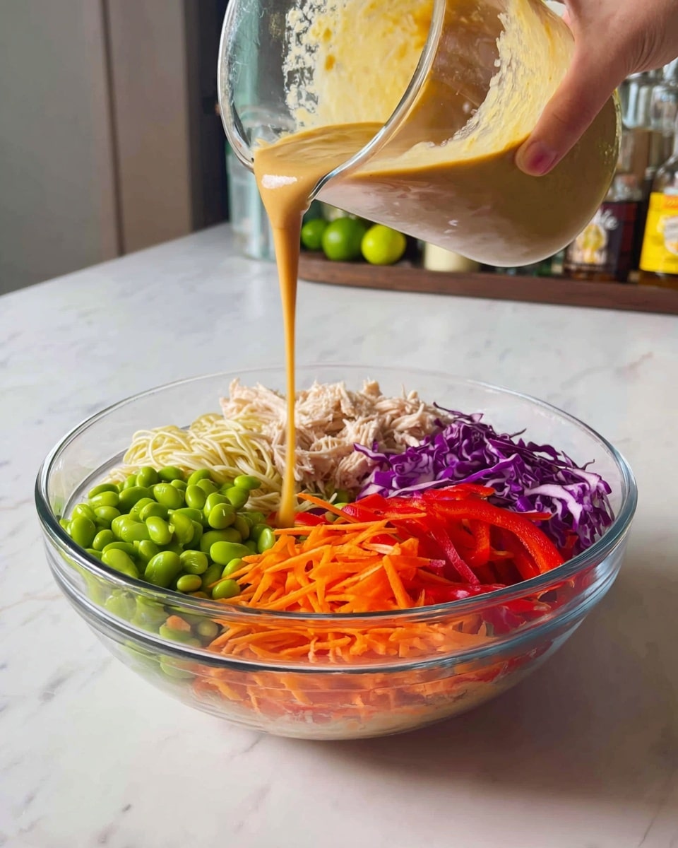 A clear glass bowl sits on a white marbled surface filled with five colorful layers: bright green edamame beans in the front lower center, shredded light beige chicken meat on the right, sliced red bell peppers next to it, thin purple cabbage strips in the middle back, and finely shredded orange carrots on the left. Thin noodles lie beneath these toppings, visible at the bottom. Above the bowl, a woman's hand pours a thick, creamy light brown sauce from a clear measuring cup onto the vegetables and noodles. The background shows a modern kitchen counter with bottles and a lime half. Photo taken with an iphone --ar 4:5 --v 7