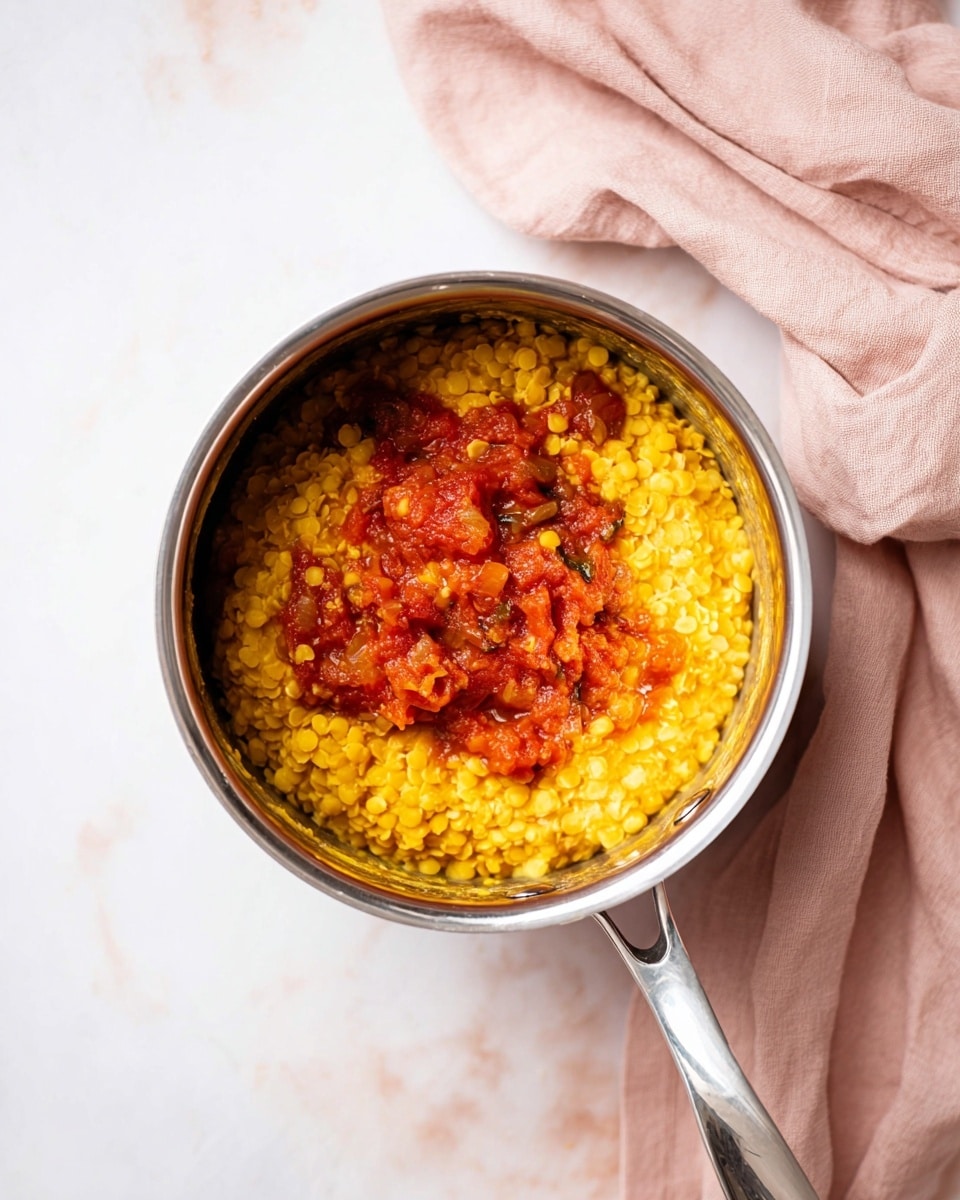 A shiny silver pot filled with two layers: the bottom layer is cooked yellow lentils, evenly spread and smooth, and the top layer is a chunky red tomato sauce with visible pieces of tomato and onion sitting in the center. The pot handle points downwards, resting on a white marbled surface, with a soft pink cloth folded and draped in the top right corner. photo taken with an iphone --ar 4:5 --v 7
