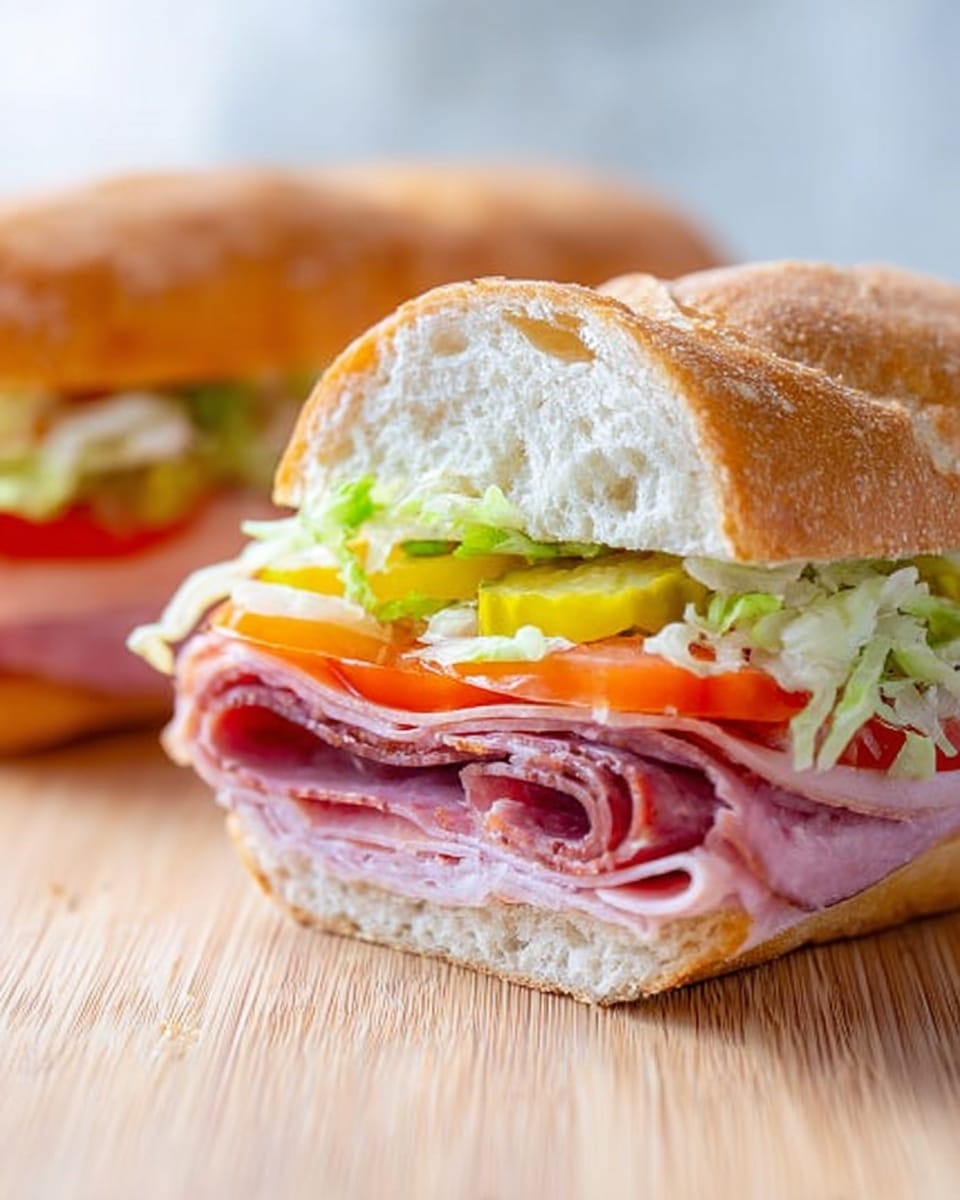 The image shows a sandwich made with a soft, light brown bread roll sliced in half, revealing multiple layers inside. The bottom layer is thin slices of pink deli meat, topped with a crisp, light green layer of shredded lettuce. Above the lettuce, there are thin slices of tomato with a red and orange tint, and on top of that, thin slices of pale yellow pickles. The sandwich is placed on a light wooden surface with a blurred background, and part of a second sandwich is visible in the background. Photo taken with an iphone --ar 4:5 --v 7