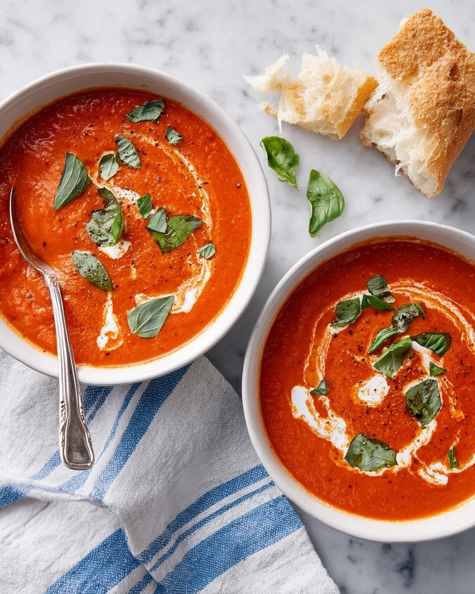 Two white bowls are filled with thick red tomato soup that has a smooth texture. Each bowl has swirls of white cream on top with chopped fresh green basil leaves scattered over it. One bowl is placed on a white marbled surface near a piece of torn crusty bread with a golden-brown crust and soft inside. A silver spoon rests inside the bowl on the left, which sits on a white and blue striped cloth. The overall look is warm and fresh. Photo taken with an iphone --ar 4:5 --v 7
