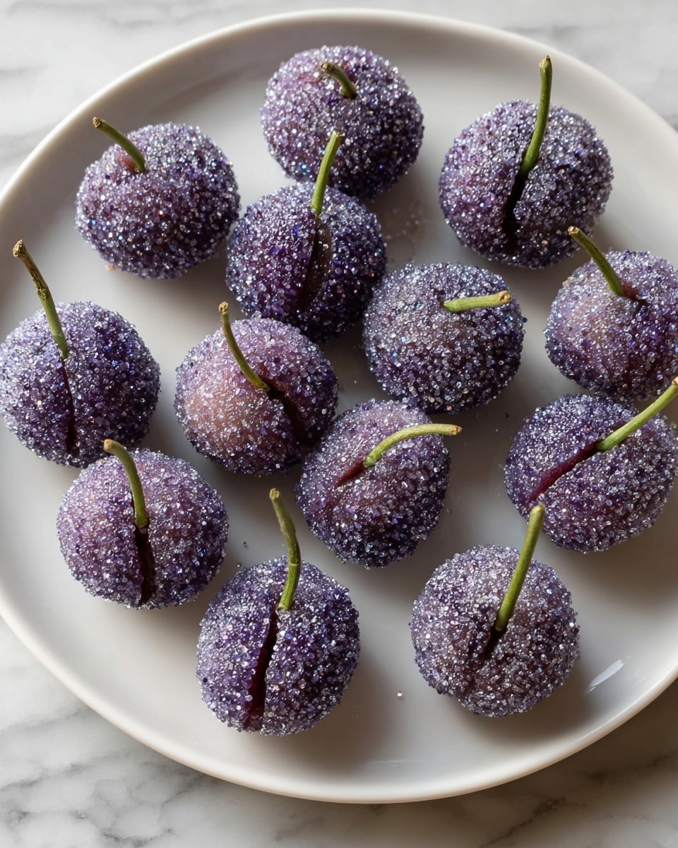 A white plate holds eleven small round treats that look like tiny purple fruits. Each treat is covered with coarse purple and clear sugar crystals, giving a rough texture with sparkling highlights. There is a deep line down the middle of each piece, making it look like two halves. Thin green sprigs stick out from the top of some treats, resembling tiny stems. The plate is on a white marbled surface. photo taken with an iphone --ar 4:5 --v 7