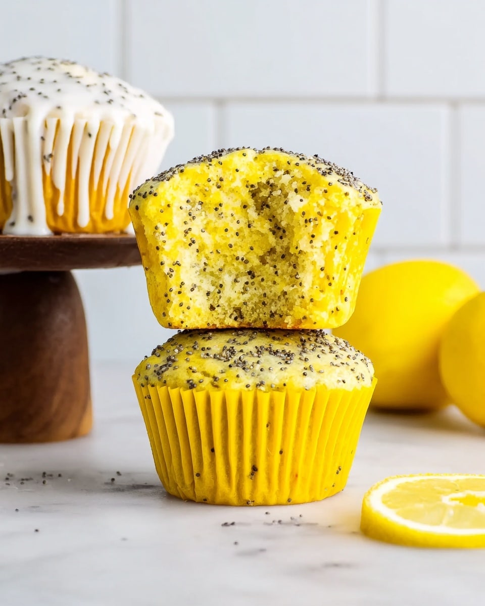 The image shows eight bright yellow lemon poppy seed muffins arranged in two rows on a wooden board. Each muffin sits in a white paper cup and is topped with a thin white icing drizzle that zigzags across the top. The muffins have a slightly rough texture with small black poppy seeds visible throughout. To the left on the board, two lemon slices are placed side by side, and whole and sliced lemons can be seen on the white marbled surface around the board. In the top left corner, one muffin remains in a silver baking tray. A teal cloth is partly visible at the bottom left corner. The photo taken with an iphone --ar 4:5 --v 7