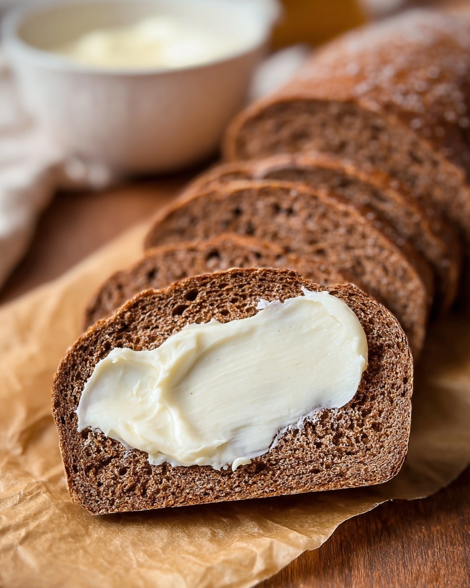The image shows a wooden board on a white marbled surface, with two loaves of dark brown bread placed on a piece of parchment paper; one loaf is whole and the other is partially sliced into four even pieces, revealing a dense, textured interior. To the upper right of the board, there is a small white bowl filled with creamy butter, and a silver butter knife rests diagonally on the board near the top. A blue and white checkered cloth is partially visible on the lower left of the image, and a spoon with some butter dolloped on it is in the bottom right corner. Photo taken with an iphone --ar 4:5 --v 7