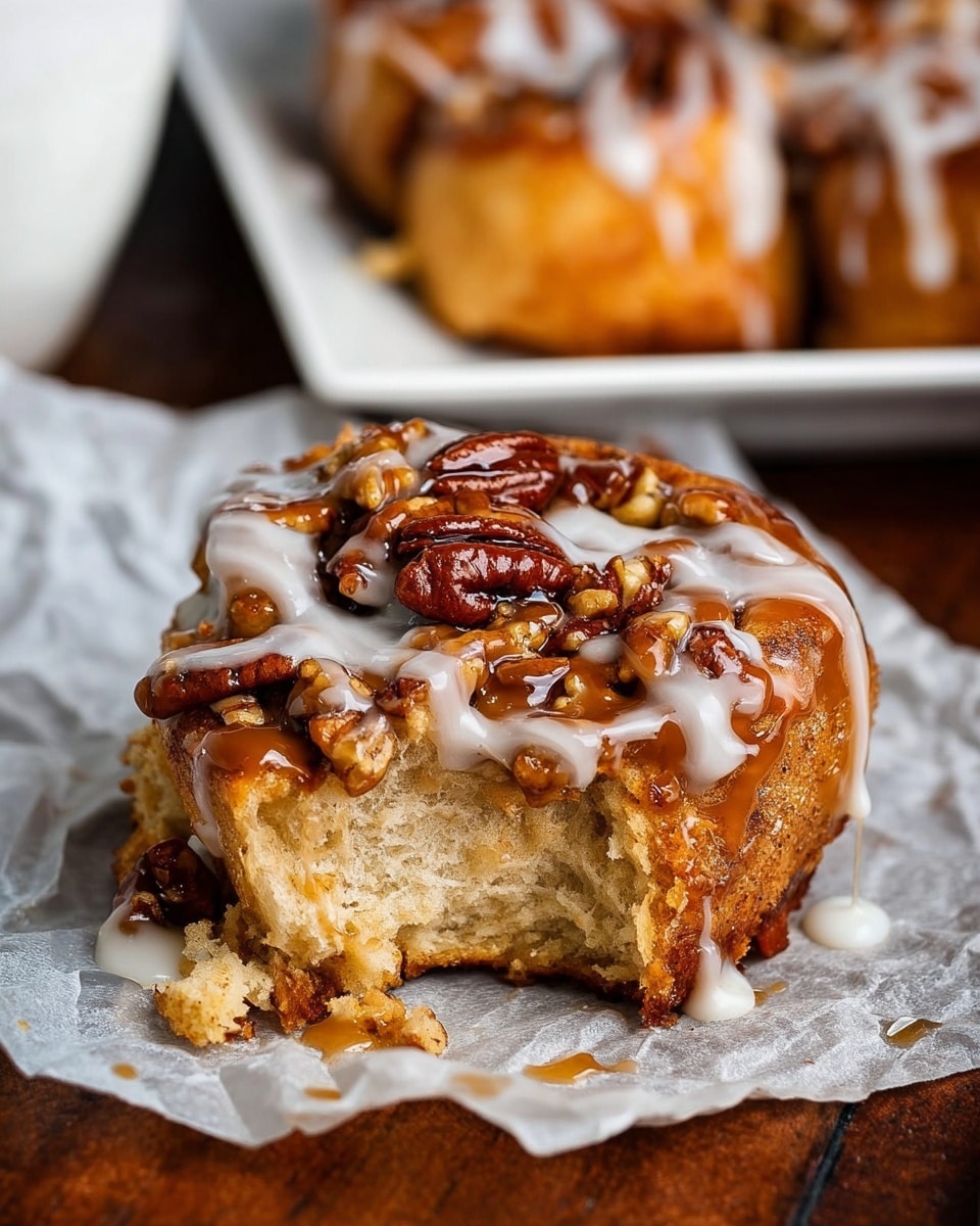 The image shows a single cinnamon roll with three main layers: the bottom layer is soft, light beige dough with visible specks of cinnamon inside, the middle layer is a thick, sticky caramel sauce covering the top surface, and the top layer is a mix of whole, rough-textured pecan nuts in dark brown and caramel hues. A white icing drizzle is spread unevenly over the top, partially covering the nuts and caramel. The cinnamon roll has a piece bitten off on one side, revealing the dough inside. It sits on a crumpled piece of white parchment paper on a dark wooden table, with a white marbled surface in the blurred background. A white square plate with more cinnamon rolls and white icing is visible behind. photo taken with an iphone --ar 4:5 --v 7