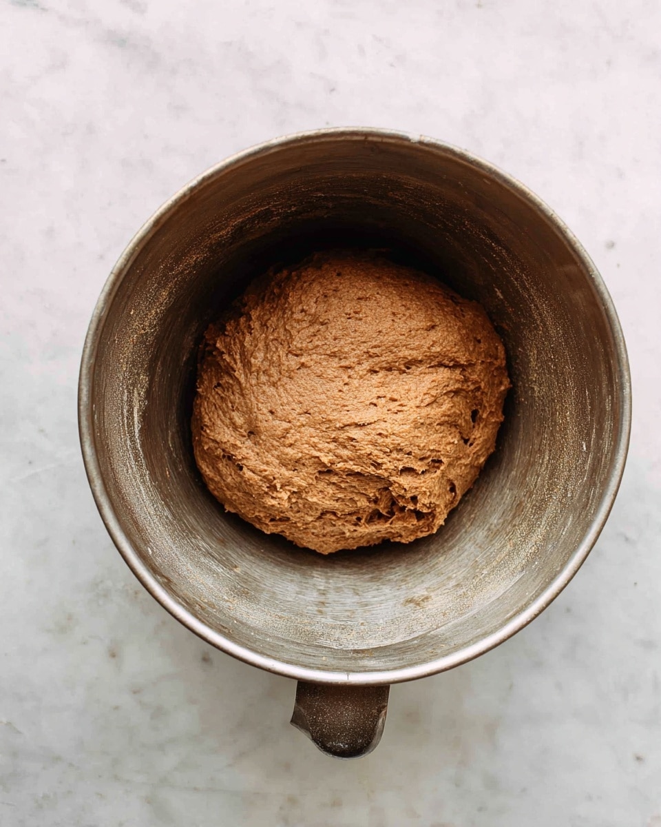 A single round metal bowl is centered on a white marbled surface, holding a ball of brown dough with a rough, textured surface. The dough sits snugly inside the bowl, showing slight folds and an uneven shape, indicating it has been recently mixed. The bowl has a matte finish inside and a small handle visible at the front. photo taken with an iphone --ar 4:5 --v 7