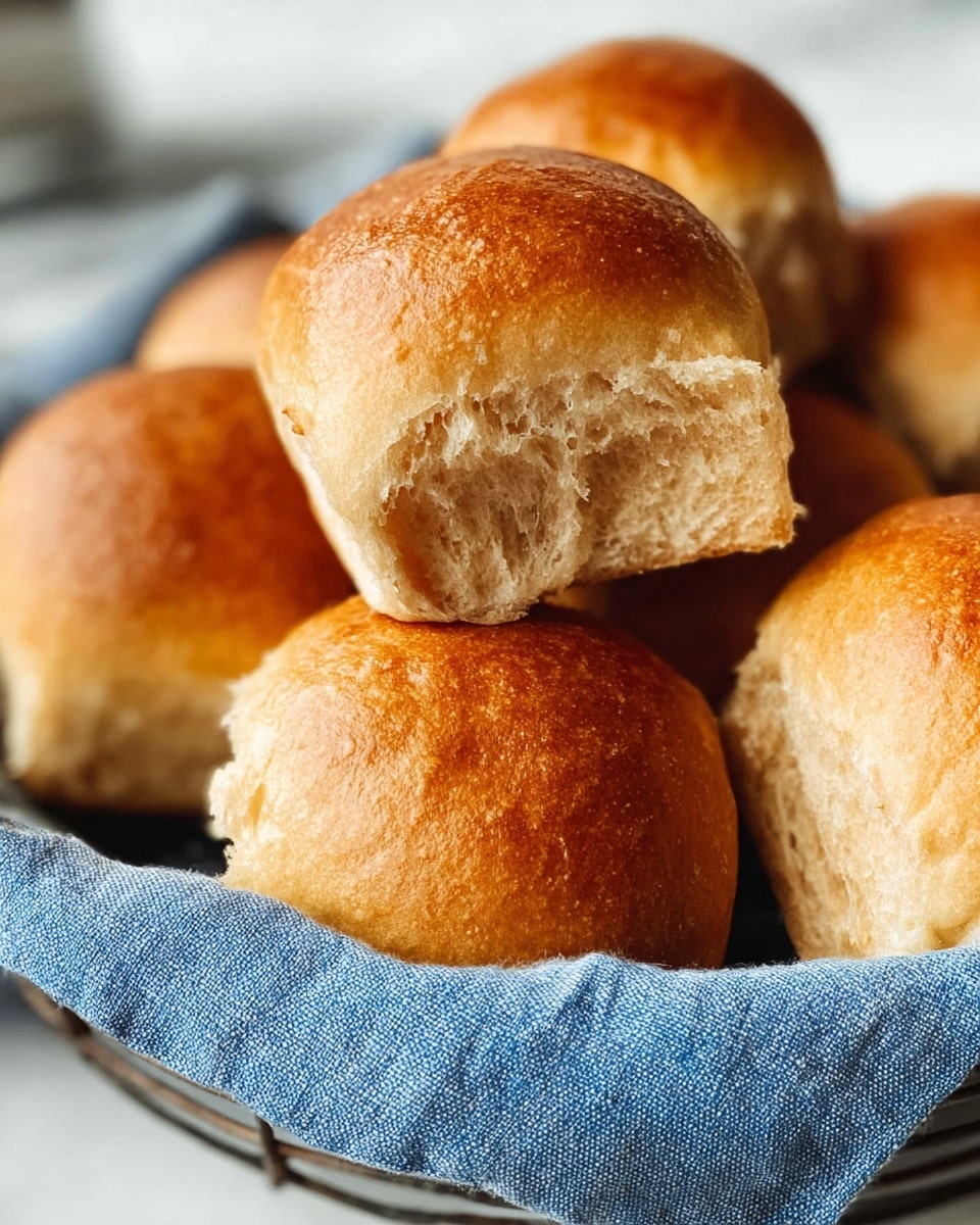 A close-up view of several soft, golden brown dinner rolls placed together in a round wire basket lined with a blue cloth. The rolls show a light, fluffy texture with slightly shiny, smooth tops and airy interiors visible on some. The background features a white marbled surface, adding a clean and bright contrast to the warm tones of the bread. photo taken with an iphone --ar 4:5 --v 7