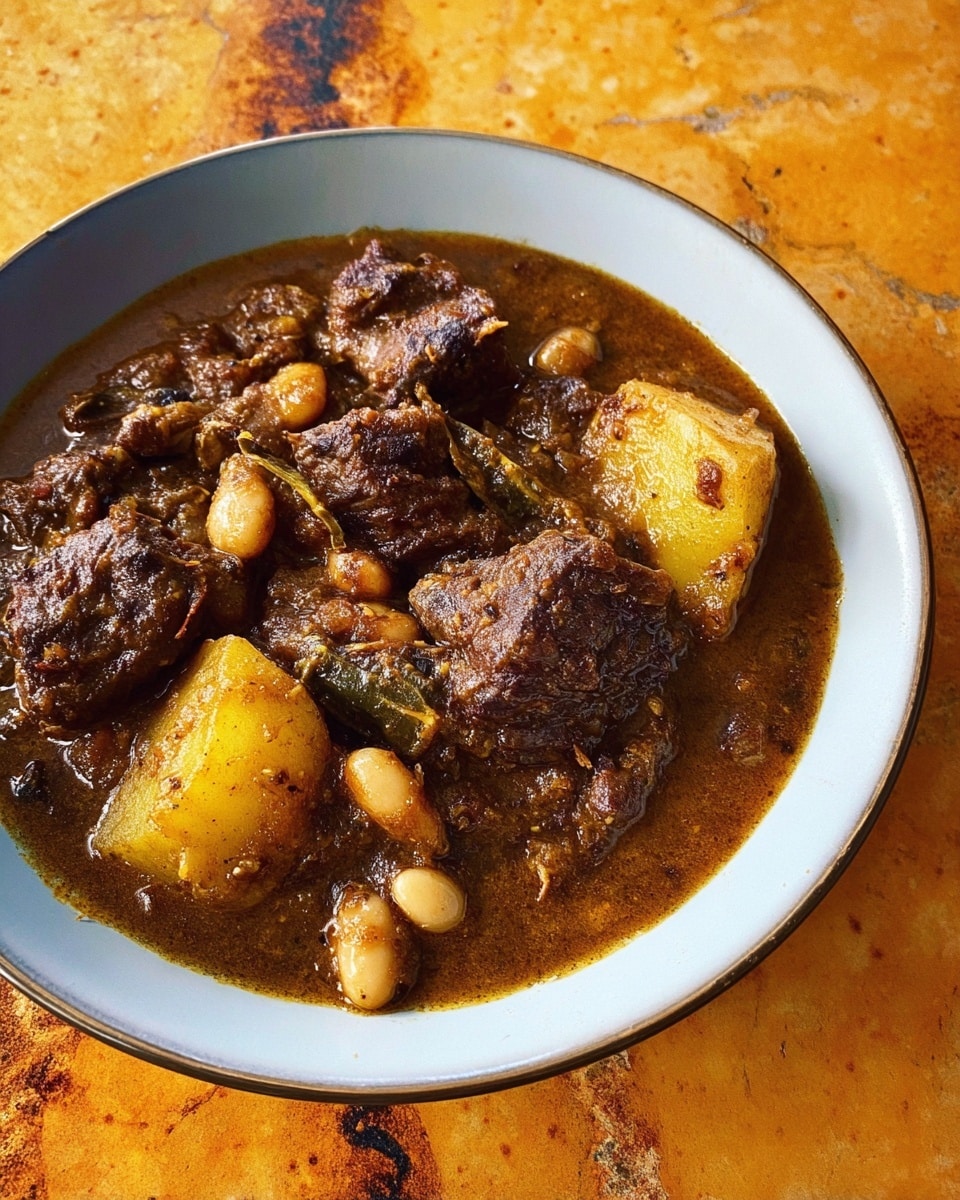 A white bowl filled with thick brown stew containing chunks of dark brown meat, large pieces of light yellow potato, and small white beans scattered throughout the mixture. The stew has a slightly glossy, rich texture with visible bits of herbs or spices. The bowl sits on a white marbled surface with some brown and yellow rustic-looking patches in the background. photo taken with an iphone --ar 4:5 --v 7