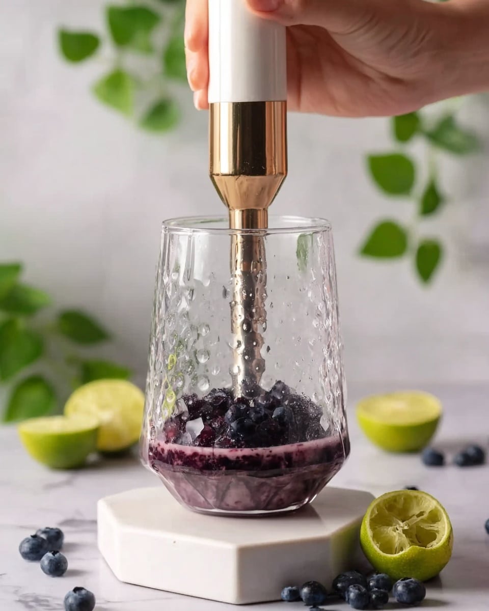 A clear, textured glass container with a gold and white hand blender is mixing dark purple blueberries at the bottom layer. The woman's hand is holding the blender from the top, pressing it down into the fruit. The glass sits on a white hexagonal coaster, placed on a white marbled surface. Around the base, fresh dark purple blueberries and a halved lime with a bright green skin and pale green inside rest on the marbled surface. Some green leaves are softly blurred in the background, adding a fresh touch. Photo taken with an iphone --ar 4:5 --v 7