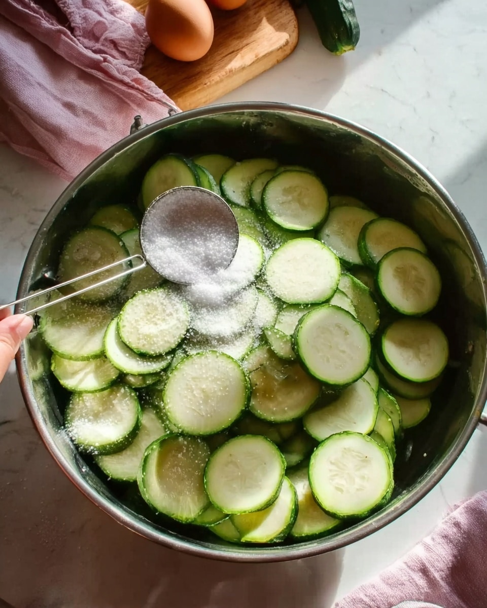 The image shows a large metal bowl filled with many slices of light green zucchini, each slice round and fresh with light seeds visible inside. A woman's hand holds a metal measuring spoon above the zucchini, sprinkling white salt evenly over the slices. The background features a white marbled surface, with a wooden board, a pink cloth, and a brown egg partly visible at the top. The scene is bright with natural light highlighting the smooth texture of the zucchini and the grainy texture of the salt. Photo taken with an iphone --ar 4:5 --v 7