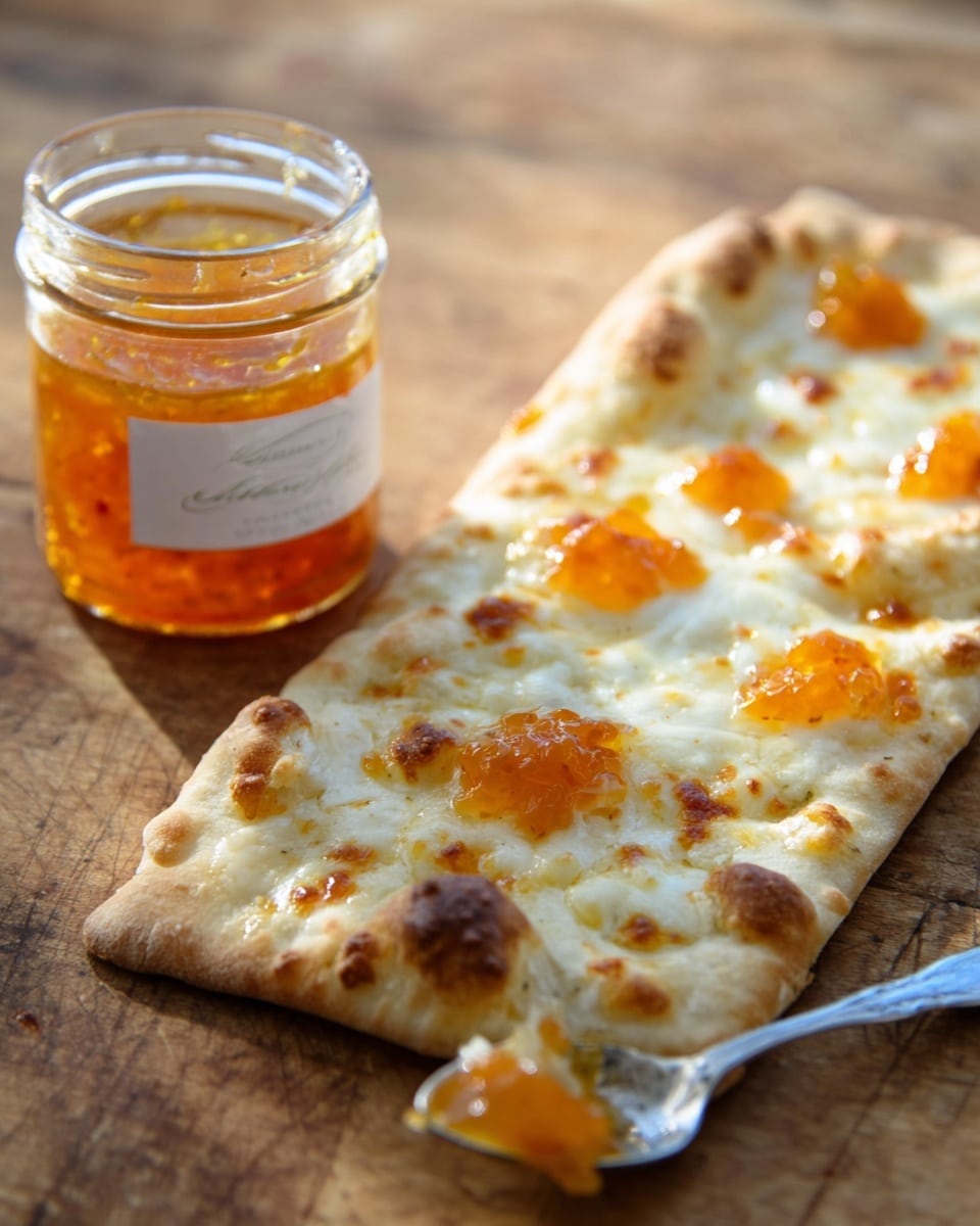 A rectangular flatbread is placed on a wooden surface, topped with melted cheese that is bubbly and golden in spots, with small patches of orange jam spread unevenly on top. Next to the flatbread is a jar filled with bright orange jam, with a partly visible label, and a silver spoon with a bit of jam on it rests nearby. The scene is simple, focusing on the flatbread's texture and shiny melted toppings, with warm, natural light highlighting the details photo taken with an iphone --ar 4:5 --v 7