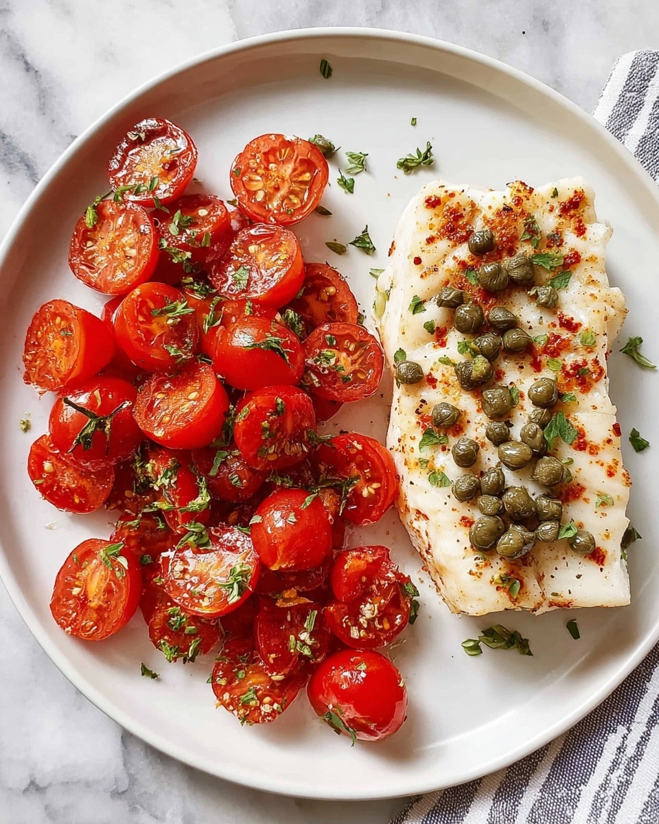 The image shows a white round plate on a white marbled surface holding two main parts: on the left, a pile of bright red halved cherry tomatoes sprinkled with small green herbs scattered on top, and on the right, a thick white fillet of fish topped with small green capers and a light dusting of reddish paprika seasoning. The fish has a slightly browned and grilled texture on the surface, contrasting with its soft white flesh underneath. The herbs are also lightly spread around the plate for a fresh look. Photo taken with an iphone --ar 4:5 --v 7