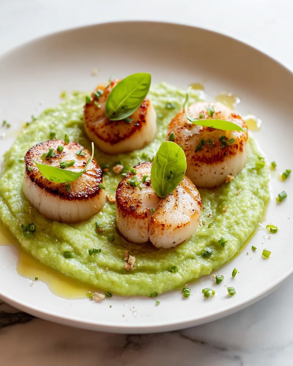 The dish shows four golden-brown seared scallops arranged in a circle on a smooth green sauce spread evenly on a white plate. Some fresh green leaves sit on top and between the scallops, adding a vibrant touch. The green sauce has a creamy texture, almost like a thick puree, and the scallops have a slight char with small grill marks. The background is a white marbled surface, making the colors of the food stand out. The photo taken with an iphone --ar 4:5 --v 7