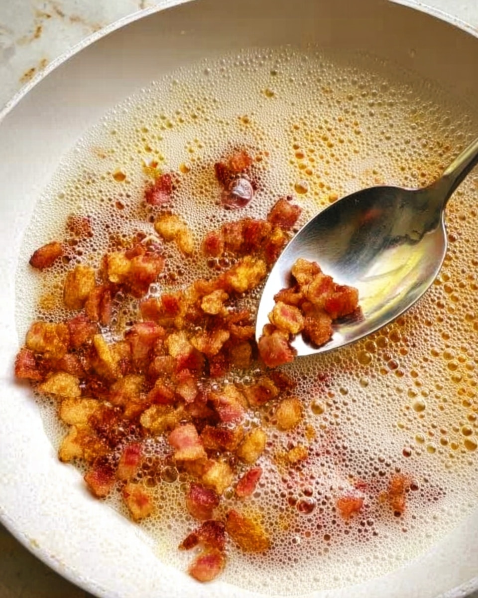 The image shows a close-up of small, golden-brown pieces of fried food, likely bacon bits, sizzling in a white pan with bubbles of oil and foam around them. A silver spoon is in the pan, scooping up some of the browned pieces. The pan rests on a white marbled surface. Photo taken with an iphone --ar 4:5 --v 7