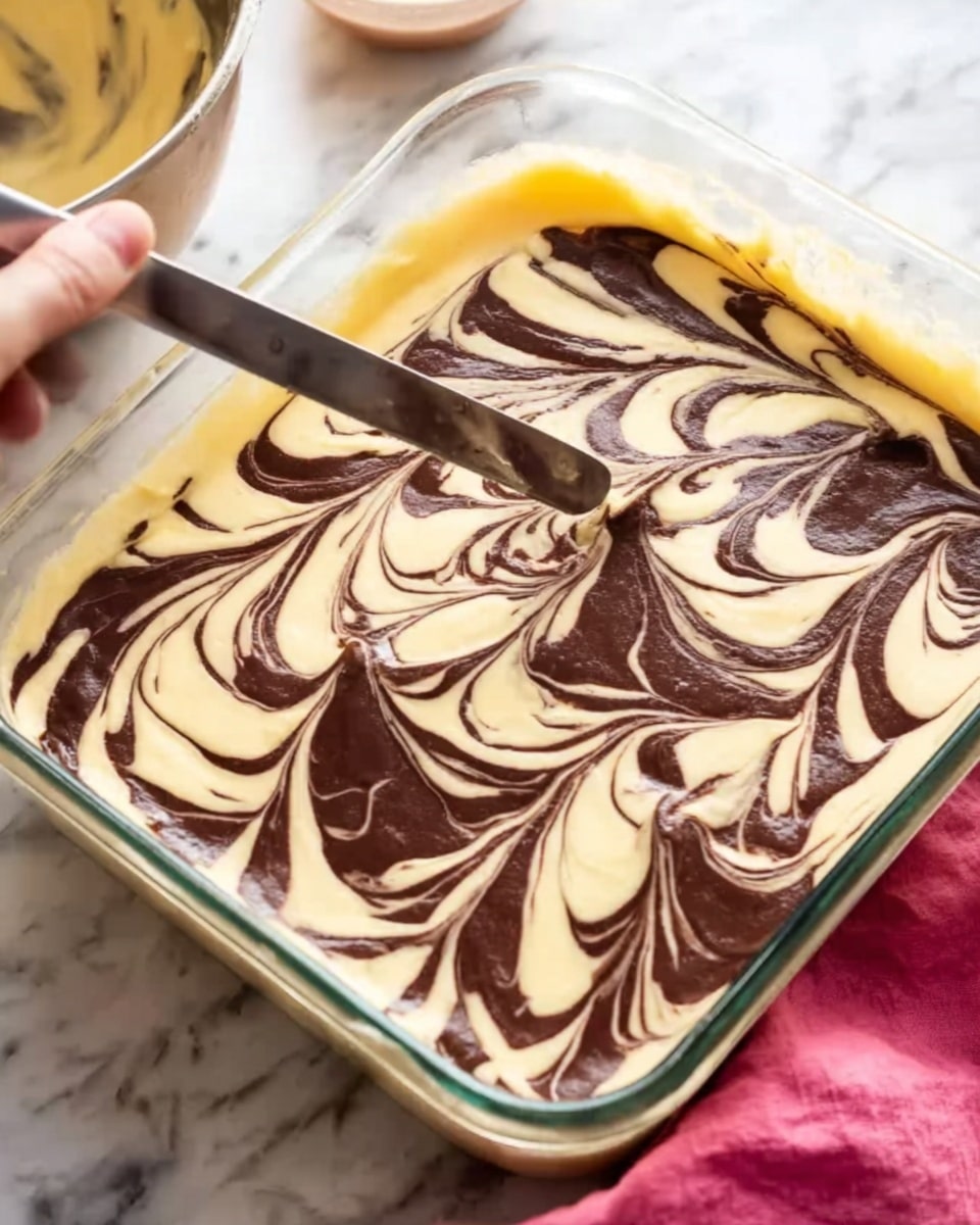 The image shows a clear glass baking dish filled with a thick, swirled batter. The batter has two main colors: a creamy light yellow layer making up most of the base, and a dark chocolate brown layer that is swirled through the light batter in a marbled pattern. A woman's hand holds a long, thin spreading knife positioned vertically in the dish, gently swirling the two batters together to create more marbled texture. The dish sits on a white marbled surface and there is a blurred mixing bowl and a pink cloth in the background. photo taken with an iphone --ar 4:5 --v 7