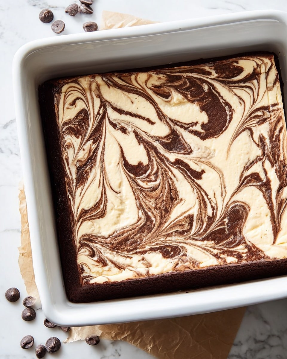 A white baking dish holds a square dessert with two visible layers: a thick, dark brown chocolate layer on the bottom and a creamy, light beige cheesecake layer swirled on top. The top layer has a marbled pattern with smooth, flowing swirls of light and dark shades creating a decorative, spotted look. The edges show the thicker chocolate layer rising up slightly, while the swirl design covers the whole surface evenly. The dish sits on a white marbled surface with some chocolate chips scattered nearby. photo taken with an iphone --ar 4:5 --v 7