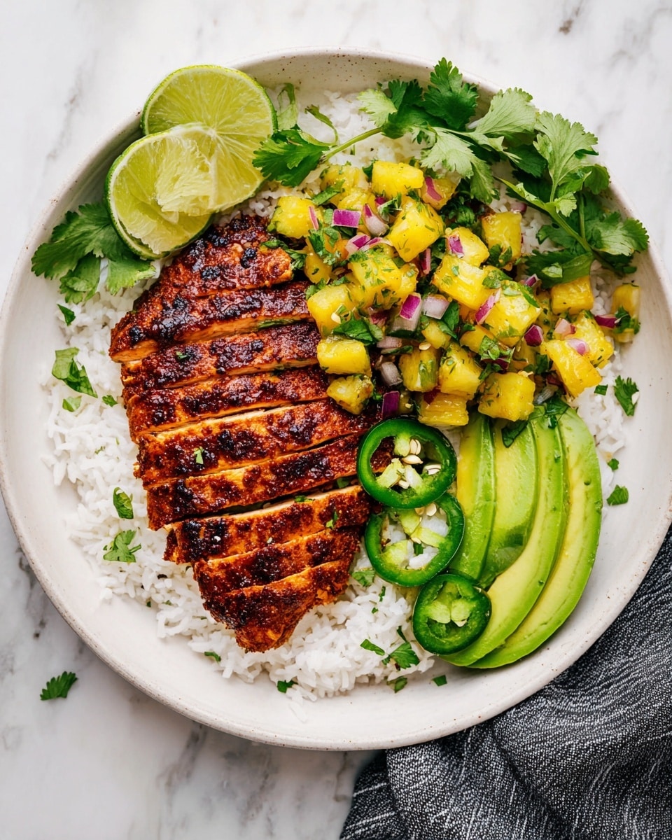 The dish is served on a white plate placed on a white marbled surface. The base layer is white rice, forming a rounded bed covering most of the plate, especially the left side. On top of the rice, near the center-left, there is a grilled piece of chicken, sliced into even strips, with a rich, dark orange-brown charred surface that looks seasoned and slightly glossy. To the top right of the chicken is a chunky salsa made of small yellow pineapple pieces, finely chopped red onions, and green herbs, creating a colorful, textured mix. Below the salsa, slices of green avocado fan out neatly, topped with a few round slices of green jalapeño. Two lime wedges rest on the upper left side of the chicken, alongside fresh green cilantro leaves adding leafy texture around the salsa. Part of a gray-striped cloth napkin is visible on the right edge of the plate. Photo taken with an iphone --ar 4:5 --v 7