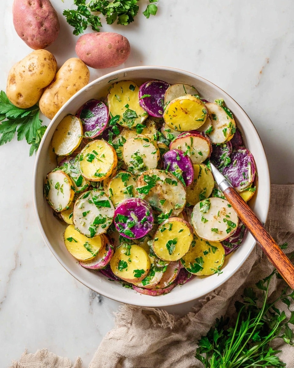 The image shows a white bowl filled with thin round slices of yellow, purple, and white potatoes layered evenly. On top, there are fresh green parsley leaves and chopped herbs sprinkled all over, adding a bright green color. A wooden spoon with a silver metal tip rests inside the bowl, partly submerged in the potato salad. Around the bowl, there are whole potatoes of different colors, some green herbs, and a beige cloth on a white marbled surface. photo taken with an iphone --ar 4:5 --v 7