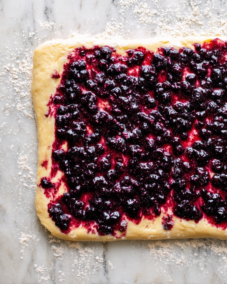 A rectangular piece of dough is laid flat on a white marbled surface dusted with flour. On top of the dough, there is a thick layer of deep purple, almost black, chunky berry jam spread unevenly, with visible whole berries and some smudged streaks showing the light tan dough beneath. The edges of the dough remain mostly clear, showing a soft and slightly puffy texture with a gentle golden tint. photo taken with an iphone --ar 4:5 --v 7