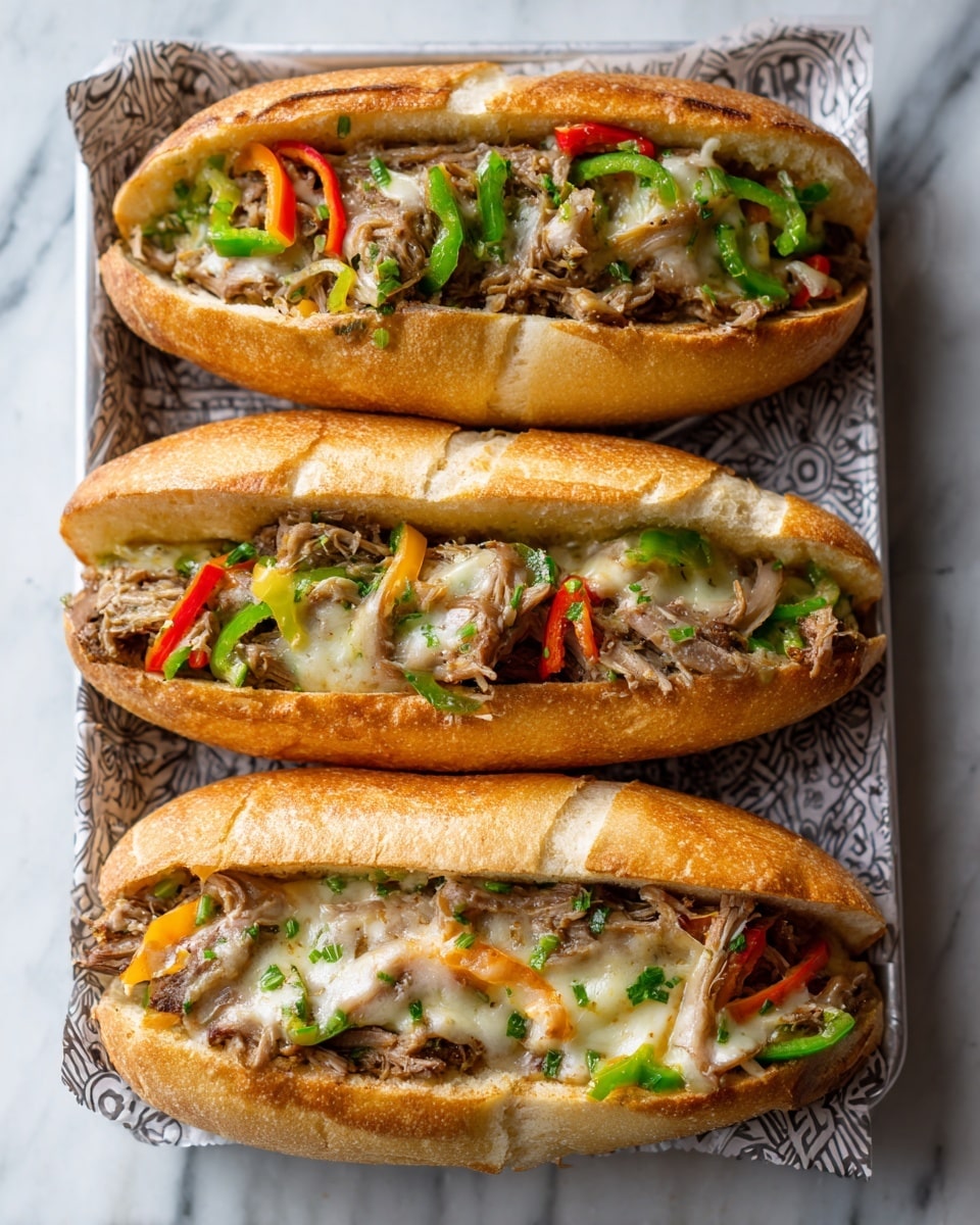 The image shows three long sandwiches placed closely on a patterned tray. Each sandwich has a soft, light brown bun with a slightly toasted texture. Inside, there are visible layers of shredded meat mixed with chopped green and red peppers, giving a mix of beige, green, and orange colors. The sandwiches appear full and juicy, with some melted cheese peeking out near the bottom layer of the bun. The background surface is a white marbled texture. photo taken with an iphone --ar 4:5 --v 7