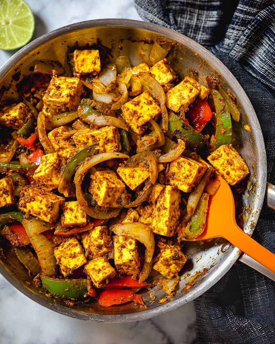 The image shows a metal pan filled with cooked paneer pieces and mixed vegetables. The paneer cubes are golden yellow with spices, scattered all over the pan. Among the paneer are sliced onions, green and red bell peppers, all cooked to a soft texture and mixed well. A bright orange spatula is resting inside the pan, partially buried under the cooked mixture. The pan is placed on a white marbled surface with a dark striped cloth next to it, and a partially visible lime slice on the side. Photo taken with an iphone --ar 4:5 --v 7