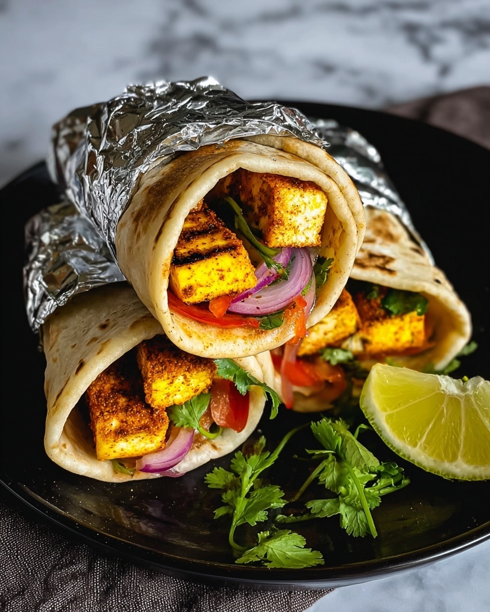 Three wraps are shown stacked in a black plate on a white marbled surface. Each wrap is partially wrapped in shiny silver foil at the top, revealing layers inside. The first layer is a light golden-brown flatbread with a soft texture. Inside, there is a large piece of bright yellow cooked paneer with a slightly browned seasoning. Around the paneer are thin slices of red onion and red bell pepper, adding contrast with their purple and red hues. Some fresh green coriander leaves peek out beneath the vegetables. A wedge of green lemon sits in front of the plate, with a few more coriander sprigs beside it. The photo taken with an iphone --ar 4:5 --v 7