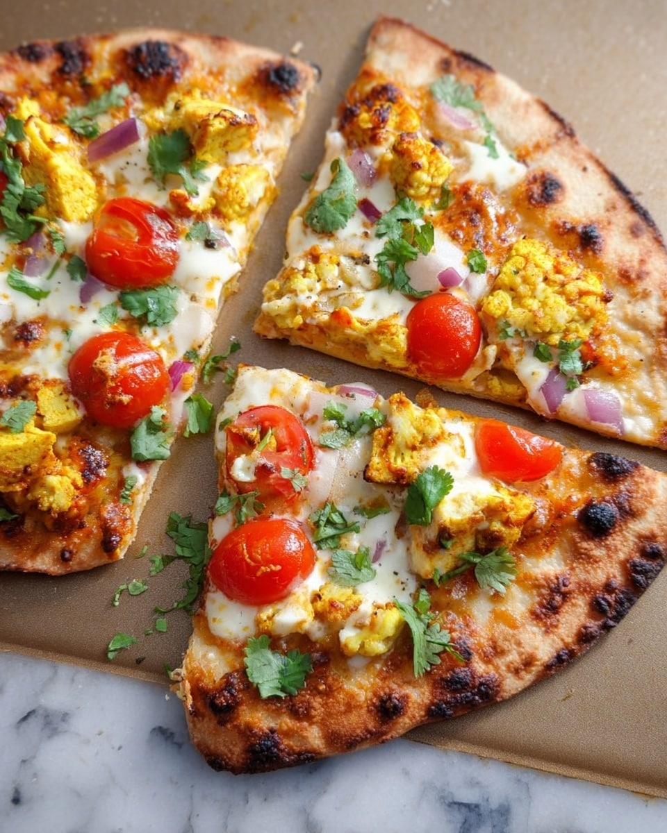 The image shows a close-up of three triangular slices of pizza on a light brown baking tray. The pizza crust is golden brown and has a slightly crispy texture with some charred spots. Each slice has a layer of melted white cheese that is slightly browned in areas. On top of the cheese, there are chunks of yellowish cooked paneer, bright red cherry tomato halves, and some pieces of red onion. Fresh green cilantro leaves are scattered across the pizza slices, adding a pop of color. The background is a white marbled texture. photo taken with an iphone --ar 4:5 --v 7